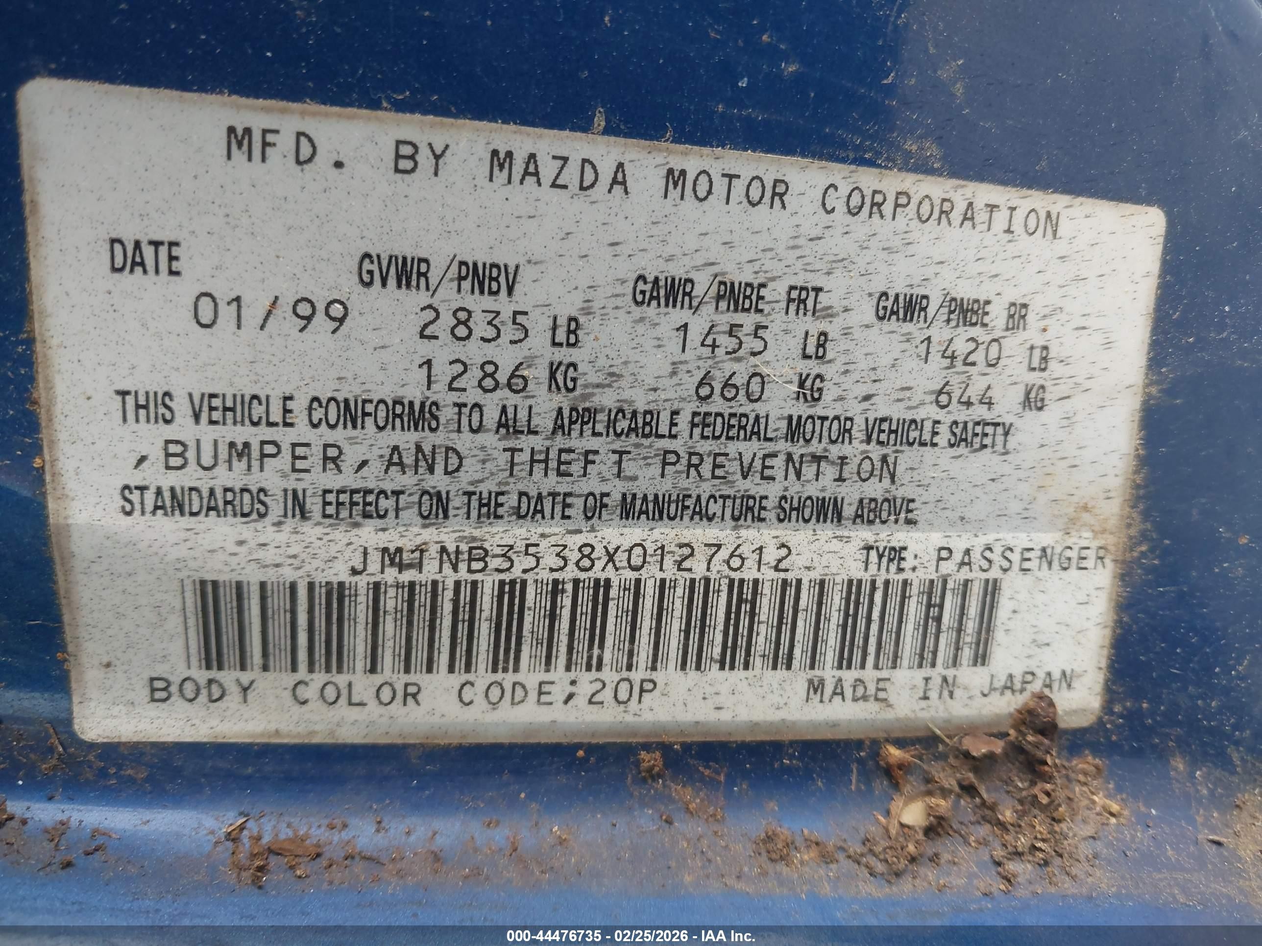 1999 Mazda Mx-5 Miata Leather Pkg/popular Equipment Pkg/sports Pkg/touring Pkg Синий vin: JM1NB3538X0127612