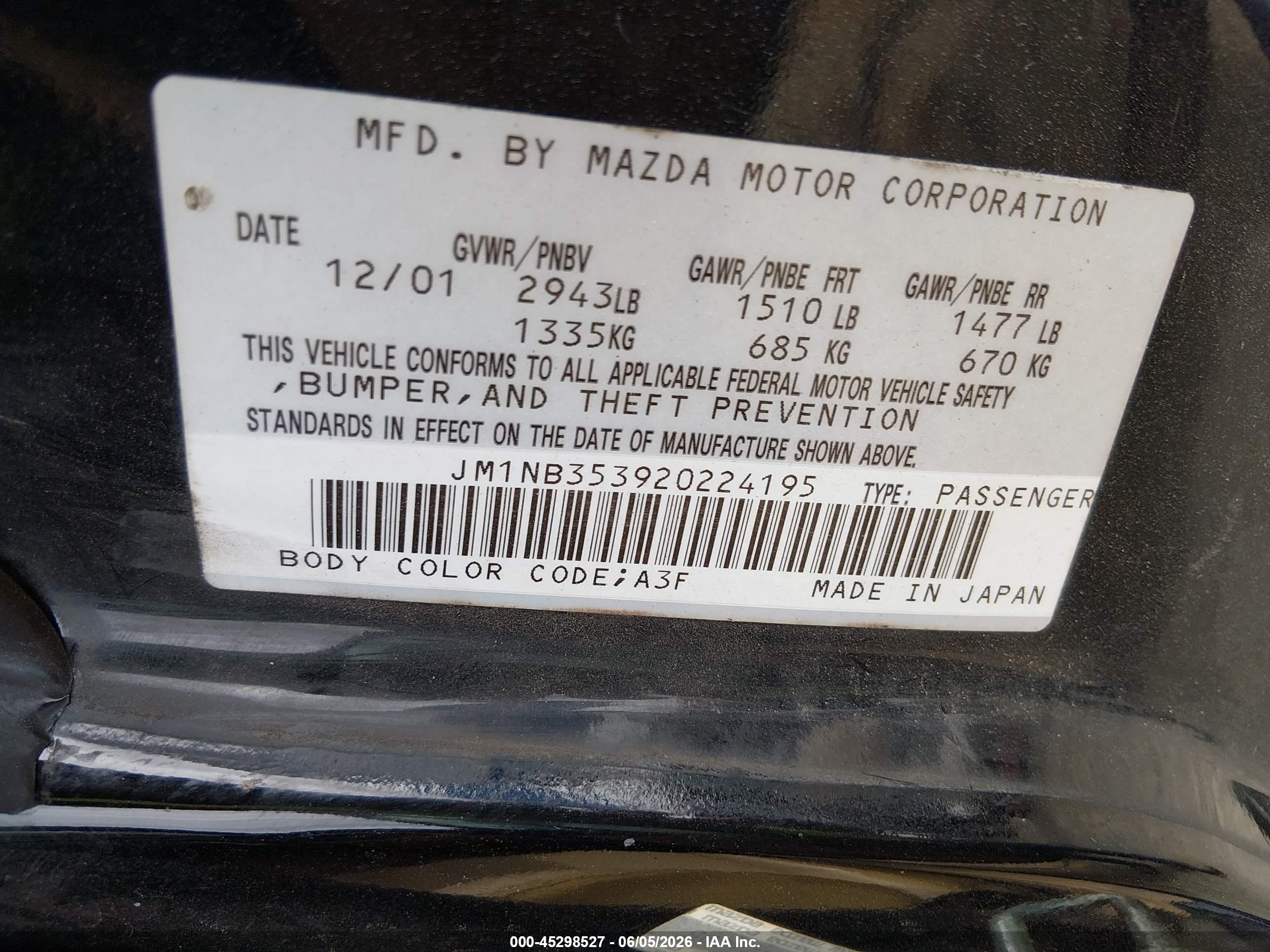 2002 Mazda Mx-5 Miata Cloth/ls/se Black vin: JM1NB353920224195
