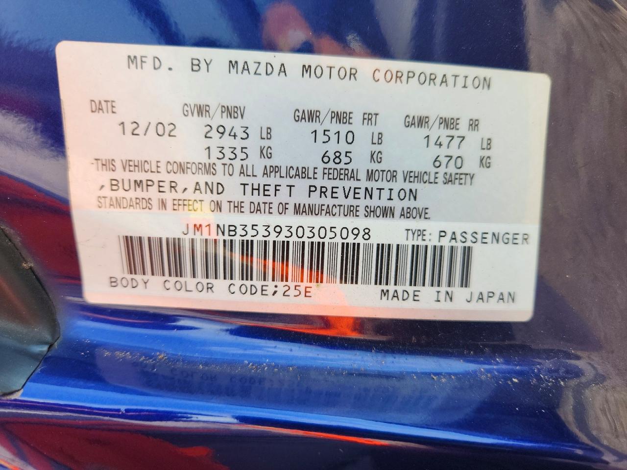 2003 Mazda Mx-5 Miata Base Blue vin: JM1NB353930305098