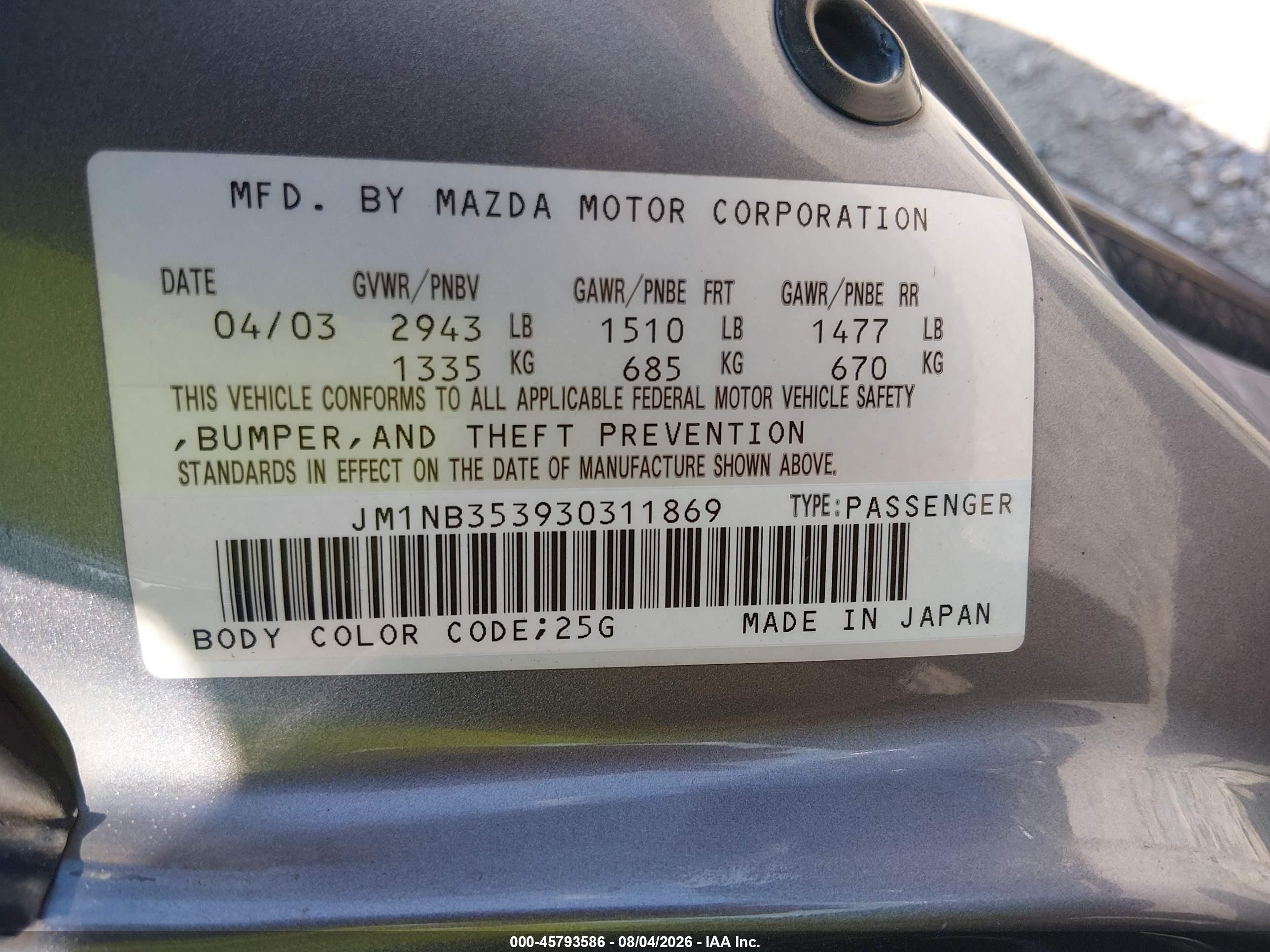 2003 Mazda Mx-5 Miata Cloth/ls/se/shinsen Silver vin: JM1NB353930311869