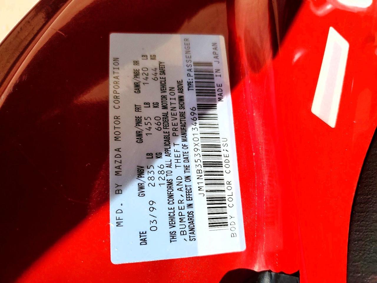 1999 Mazda Mx-5 Miata Red vin: JM1NB3539X0134696