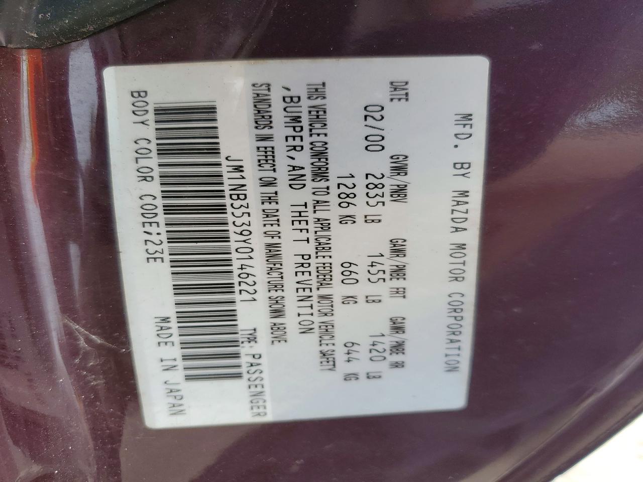 2000 Mazda Mx-5 Miata Base Burgundy vin: JM1NB3539Y0146221