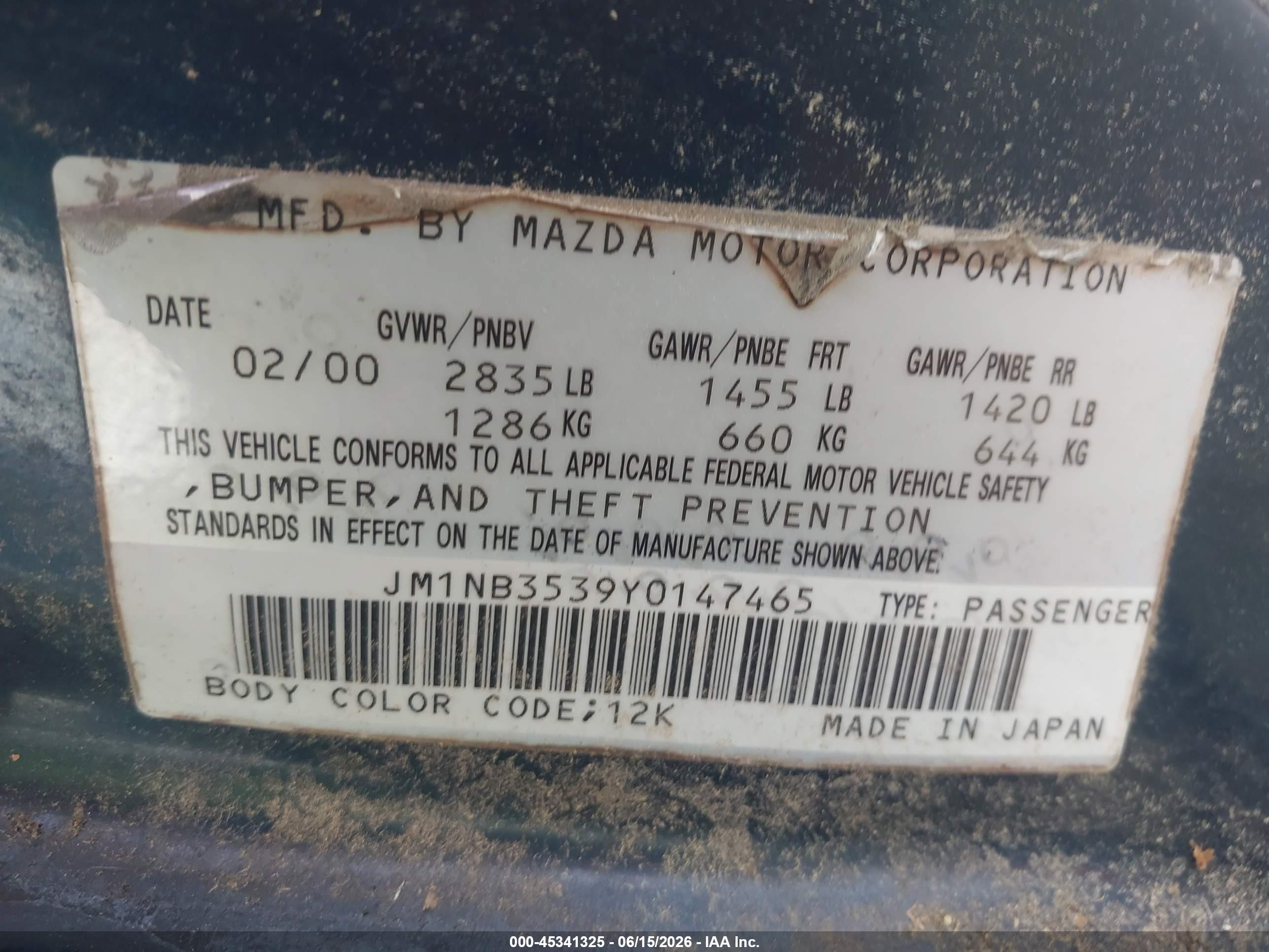 2000 Mazda Mx-5 Miata Ls/special Edition Зеленый vin: JM1NB3539Y0147465