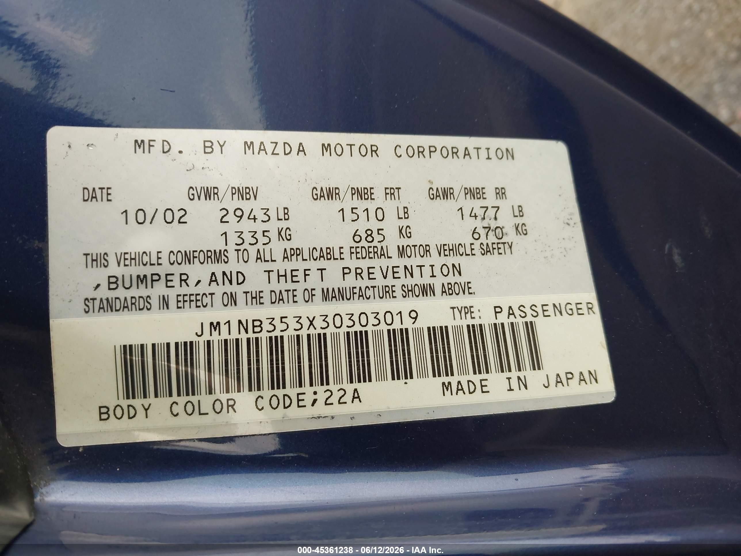 2003 Mazda Mx-5 Miata Cloth/ls/se/shinsen Blue vin: JM1NB353X30303019