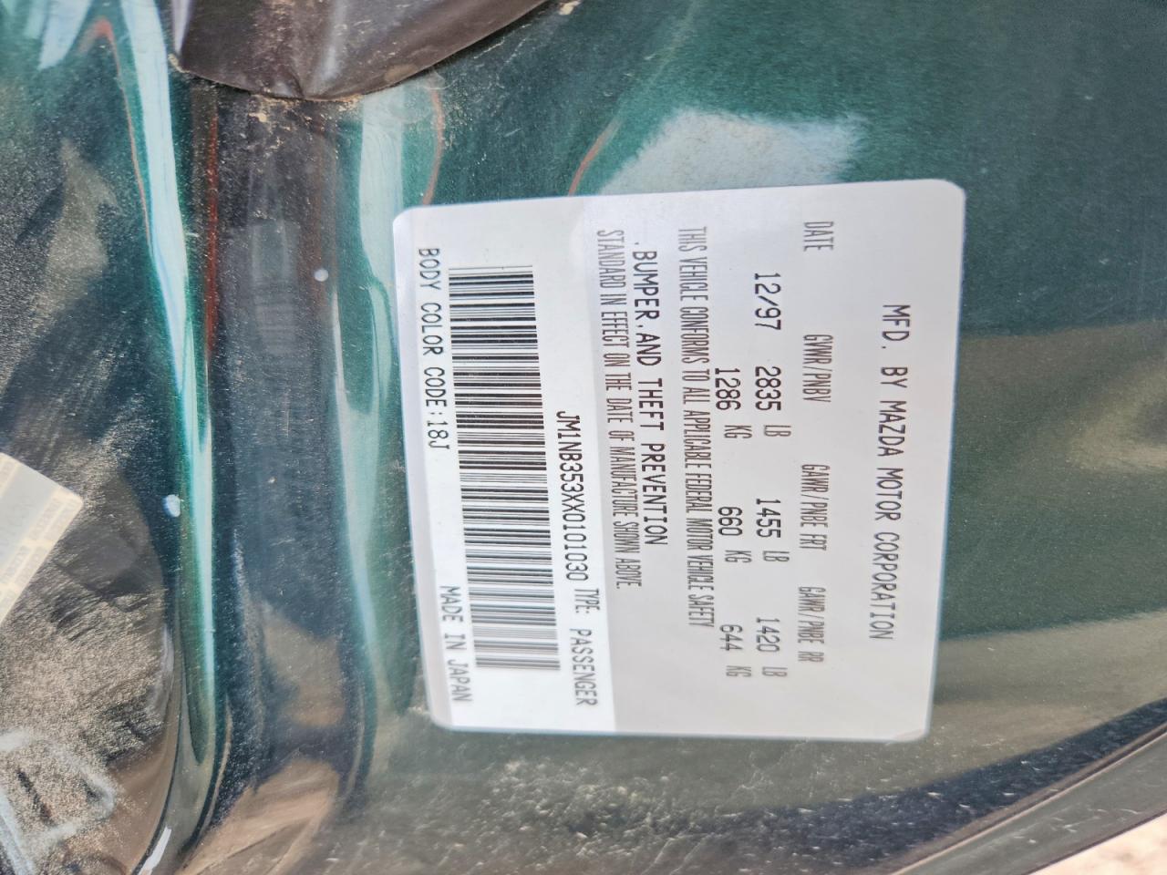 1999 Mazda Mx-5 Miata Green vin: JM1NB353XX0101030