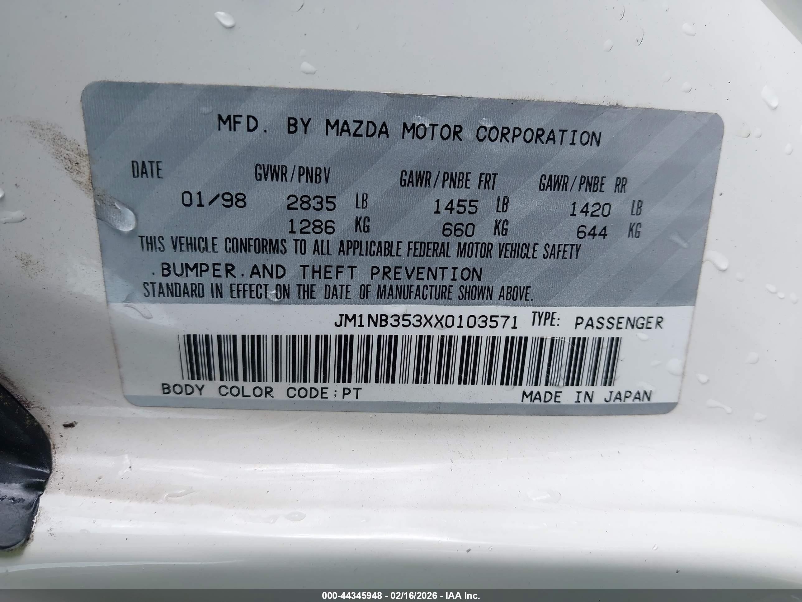 1999 Mazda Mx-5 Miata   White vin: JM1NB353XX0103571