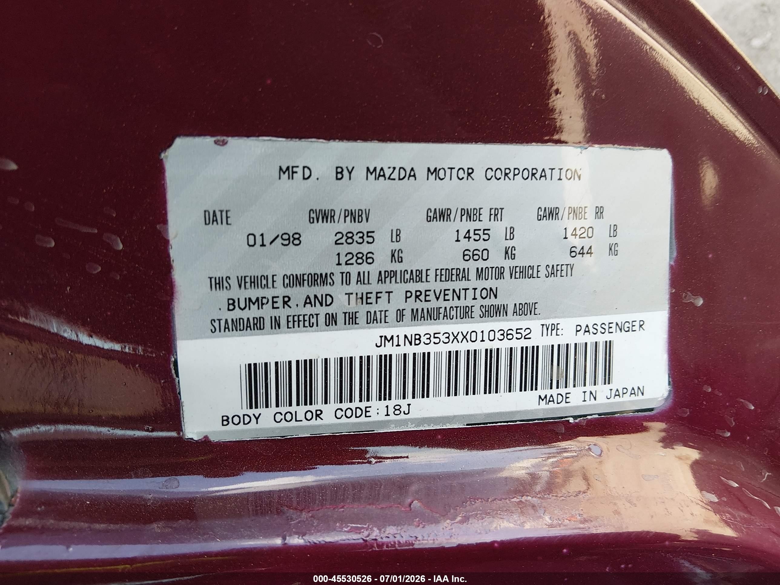 1999 Mazda Mx-5 Miata 10th Anniversary Edition/leather/popular Equip/sport/touring Burgundy vin: JM1NB353XX0103652