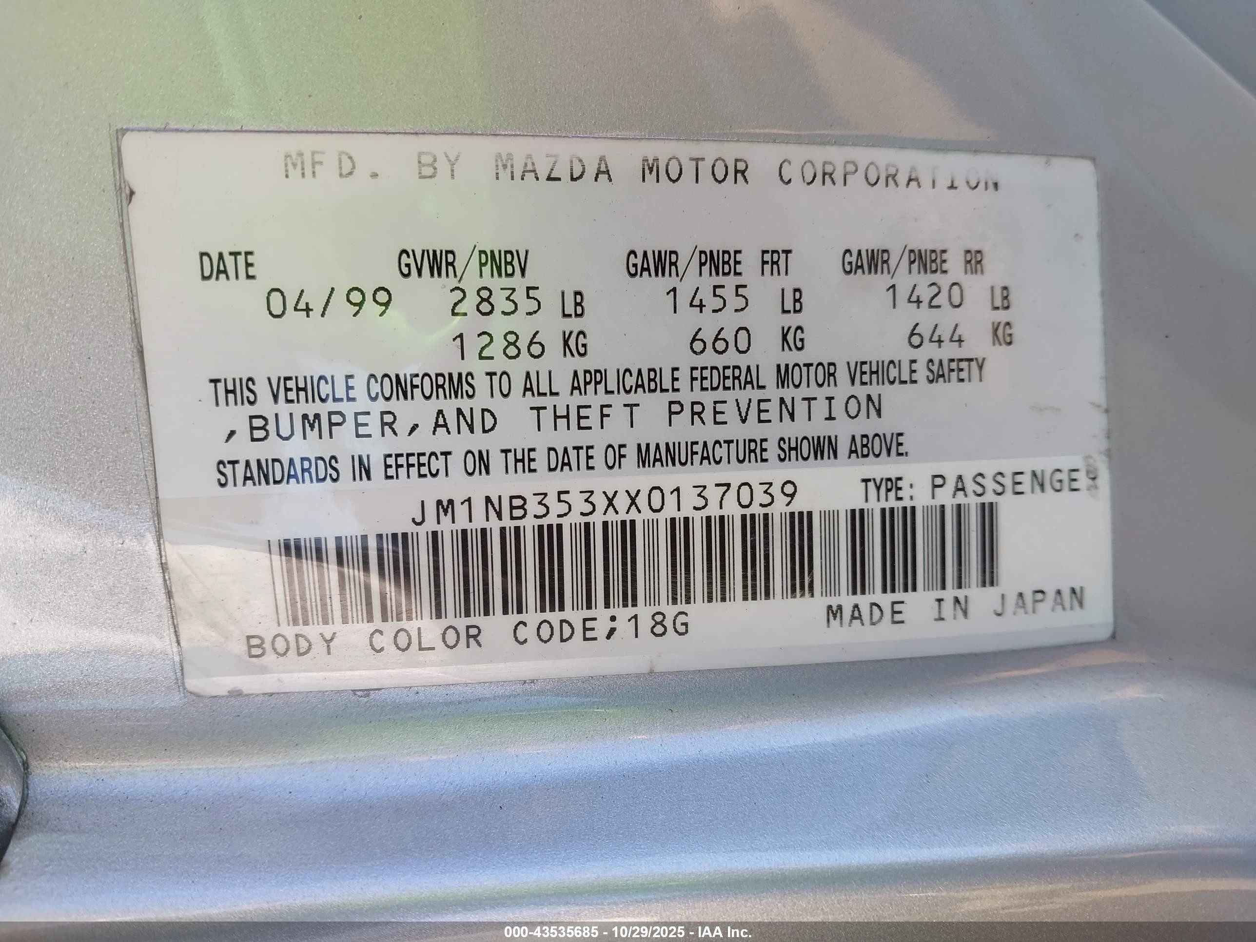 1999 Mazda Mx-5 Miata Leather Pkg/popular Equipment Pkg/sports Pkg/touring Pkg Silver vin: JM1NB353XX0137039