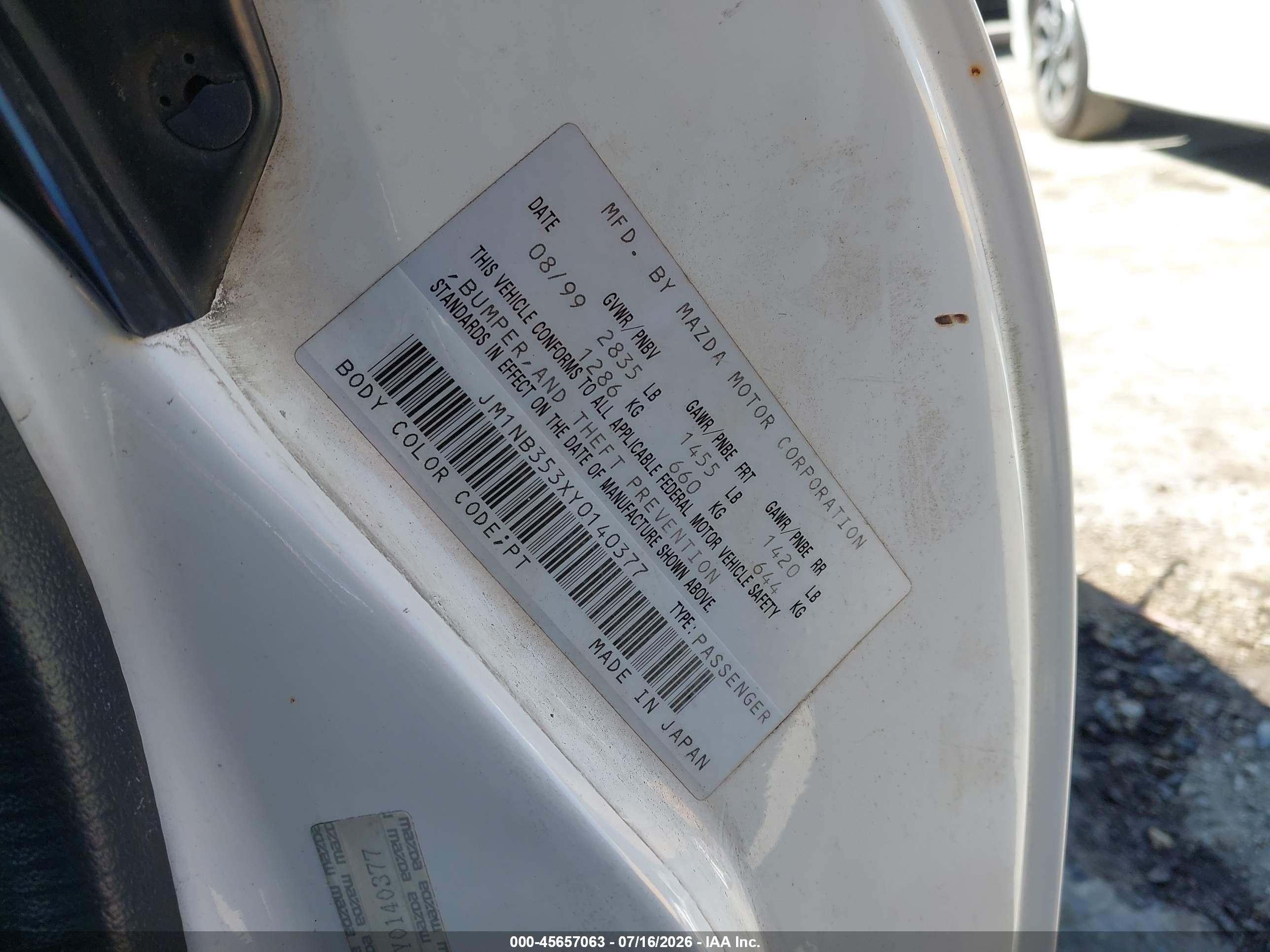 2000 Mazda Mx-5 Miata Ls/special Edition White vin: JM1NB353XY0140377