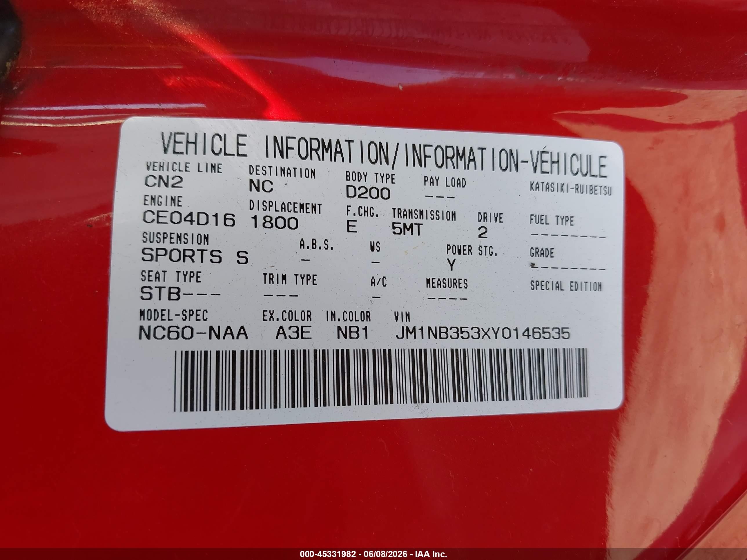 2000 Mazda Mx-5 Miata Ls/special Edition Red vin: JM1NB353XY0146535