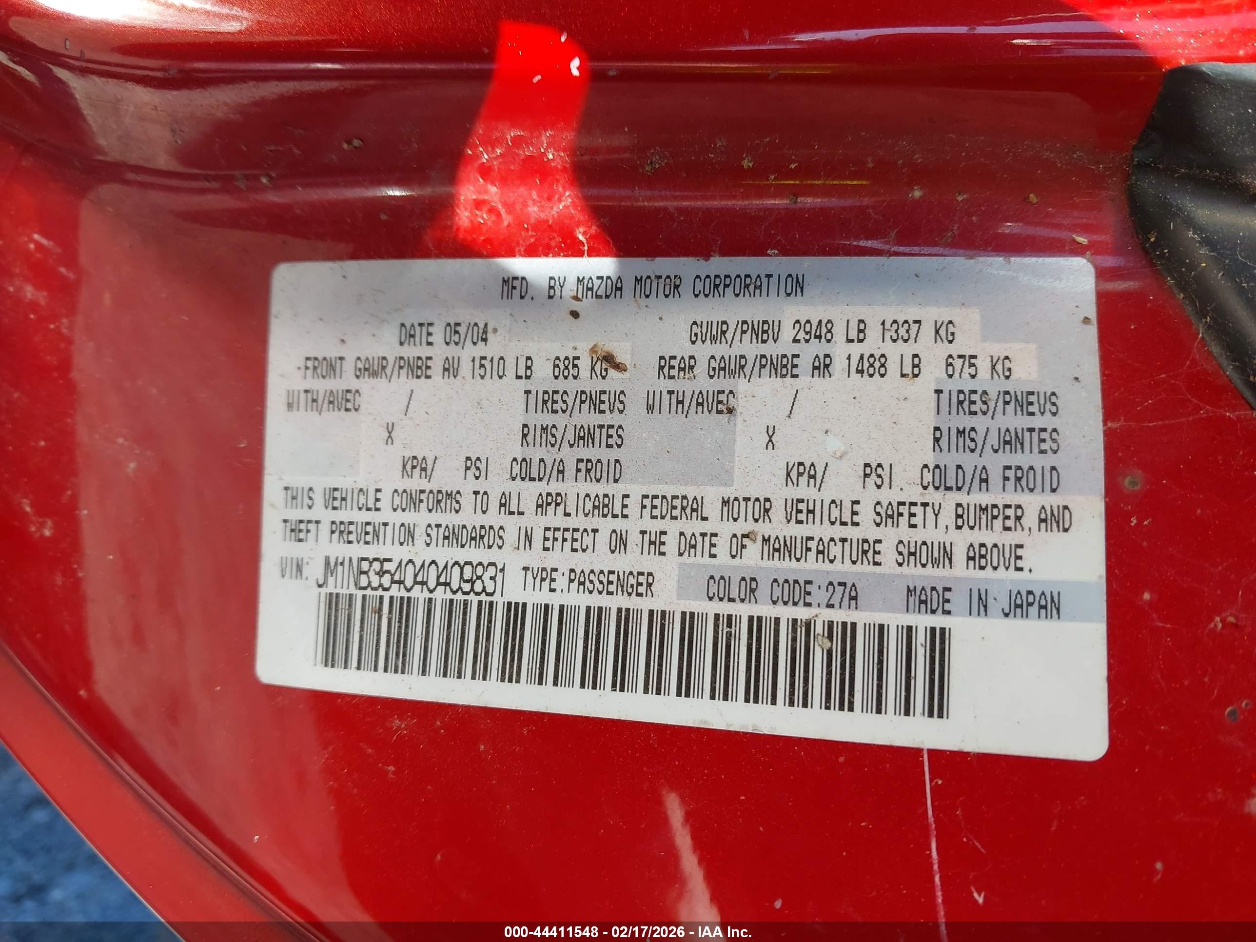 2004 Mazda Mazdaspeed Mx-5 Miata Cloth Red vin: JM1NB354040409831