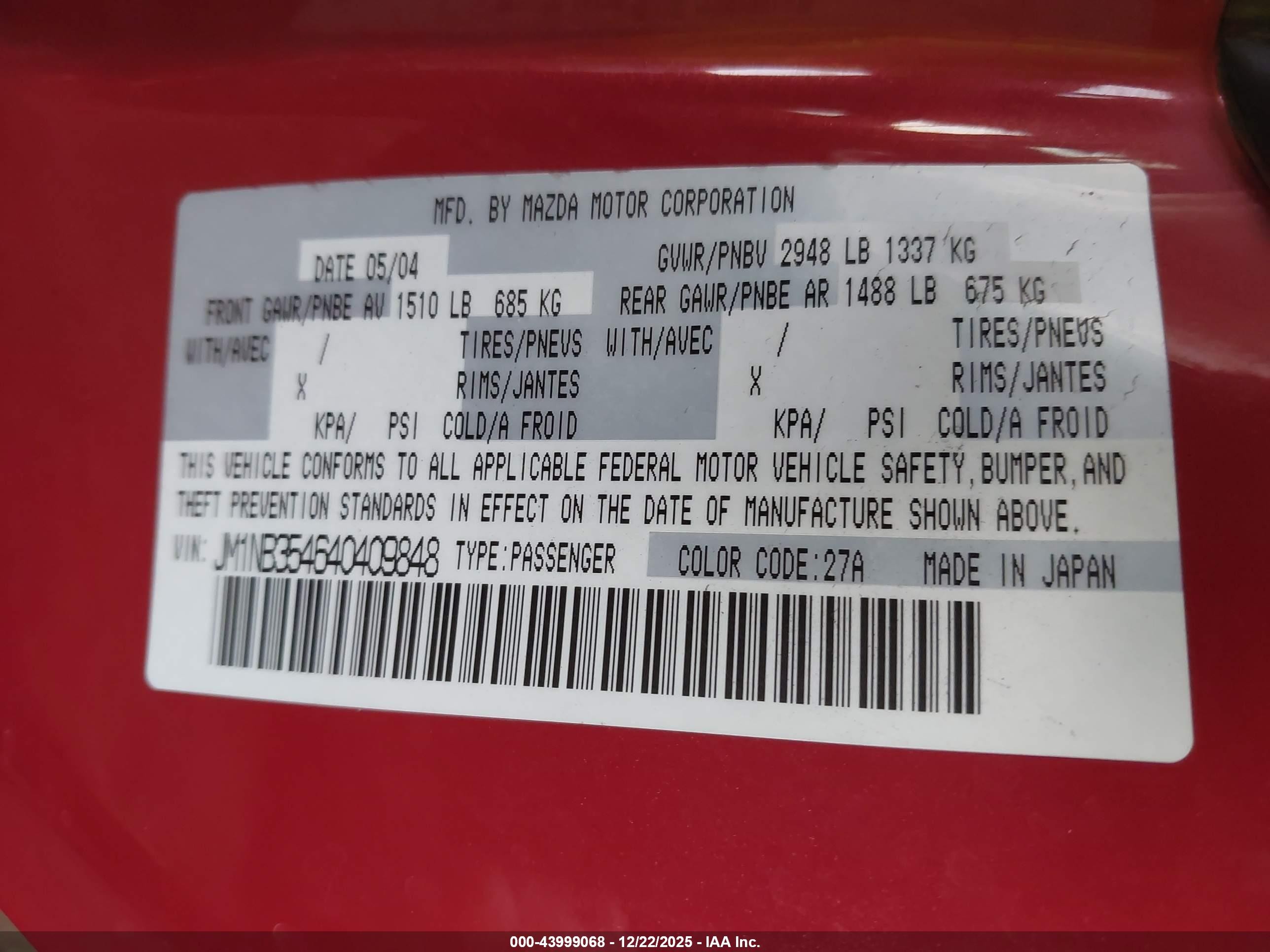 2004 Mazda Mazdaspeed Mx-5 Miata Cloth Красный vin: JM1NB354640409848