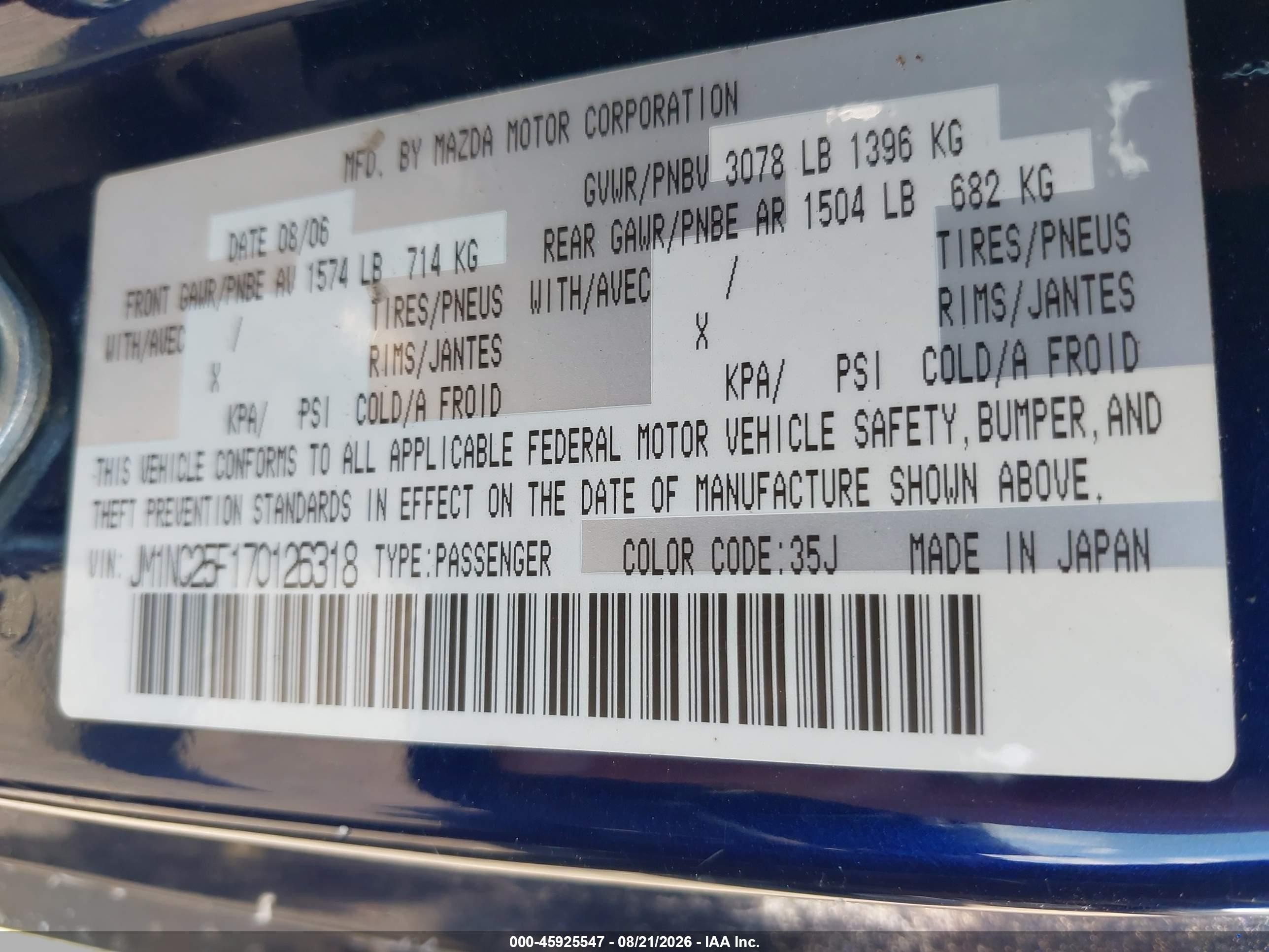 2007 Mazda Mx-5 Sport Blue vin: JM1NC25F170126318