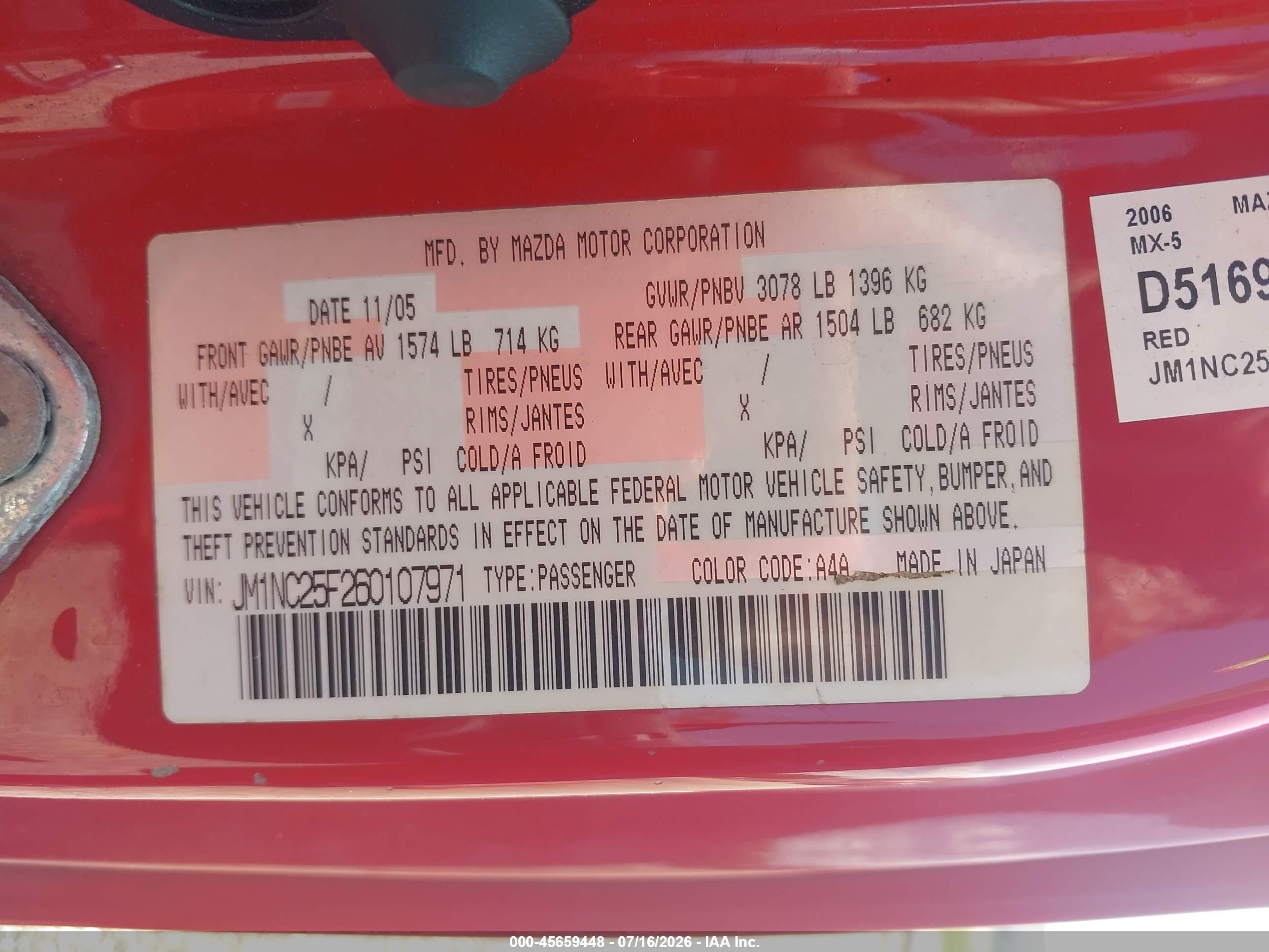 2006 Mazda Mx-5 Sport Red vin: JM1NC25F260107971