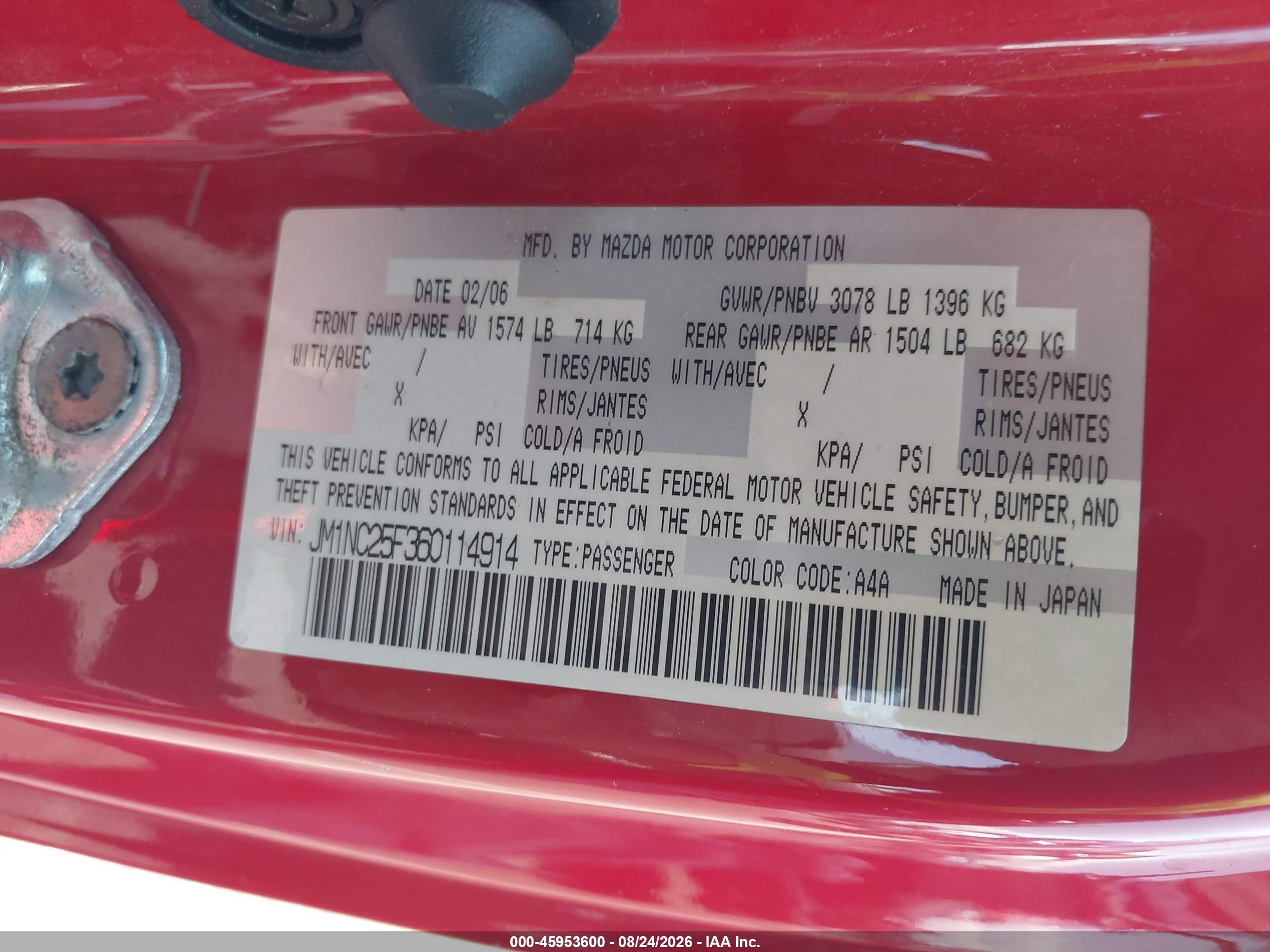 2006 Mazda Mx-5 Sport Red vin: JM1NC25F360114914