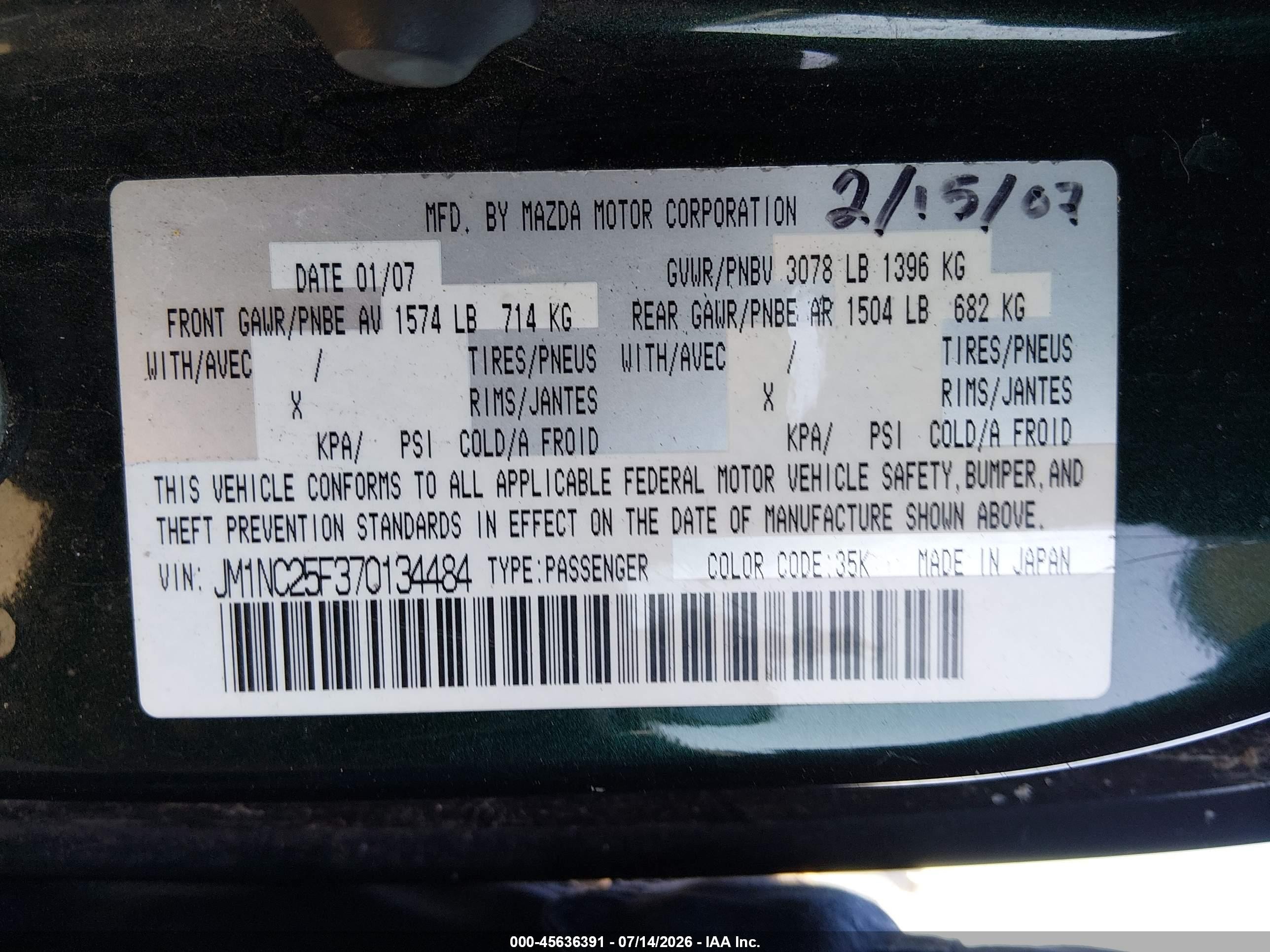 2007 Mazda Mx-5 Touring Green vin: JM1NC25F370134484