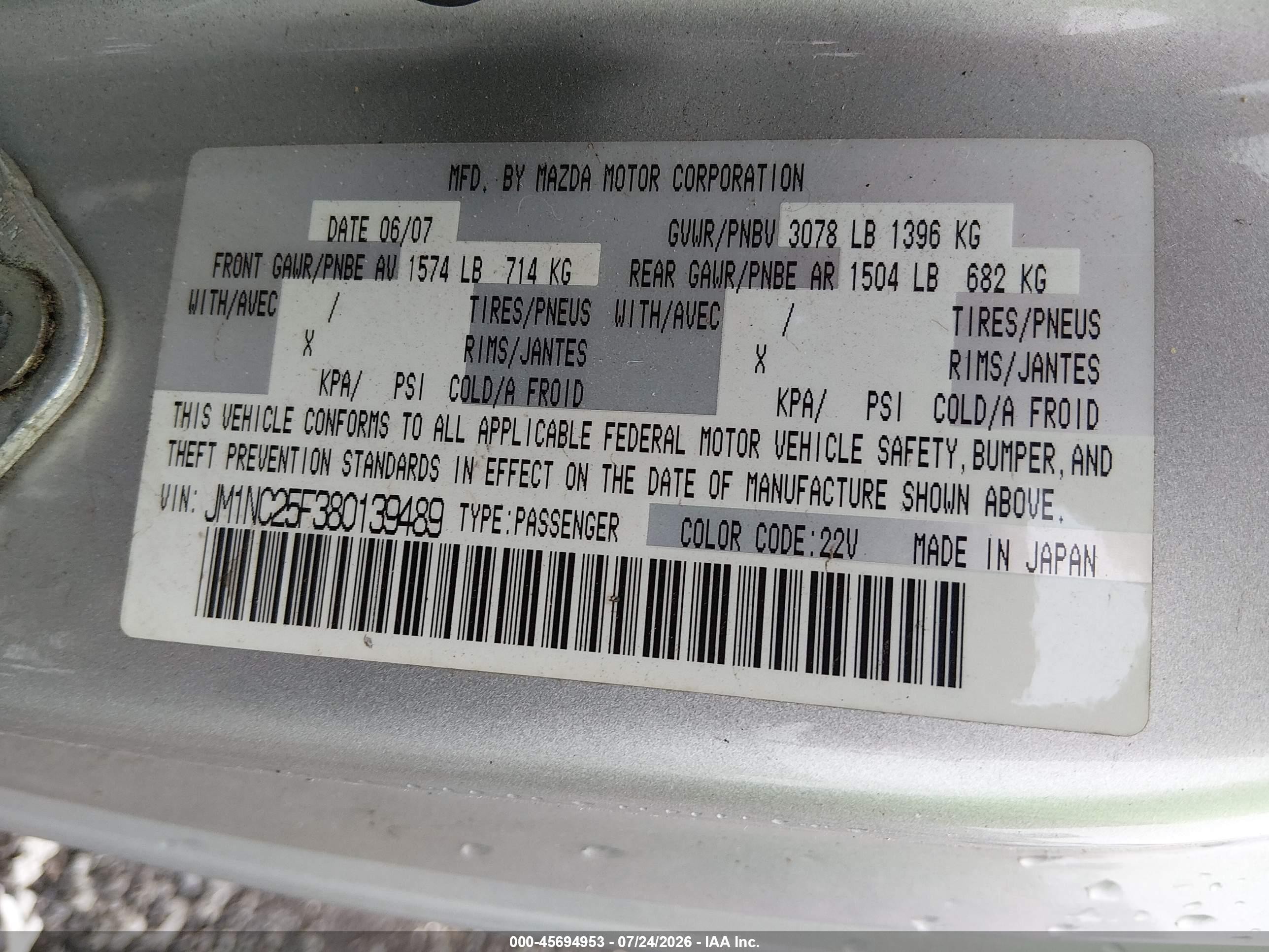 2008 Mazda Mx-5 Sport Silver vin: JM1NC25F380139489