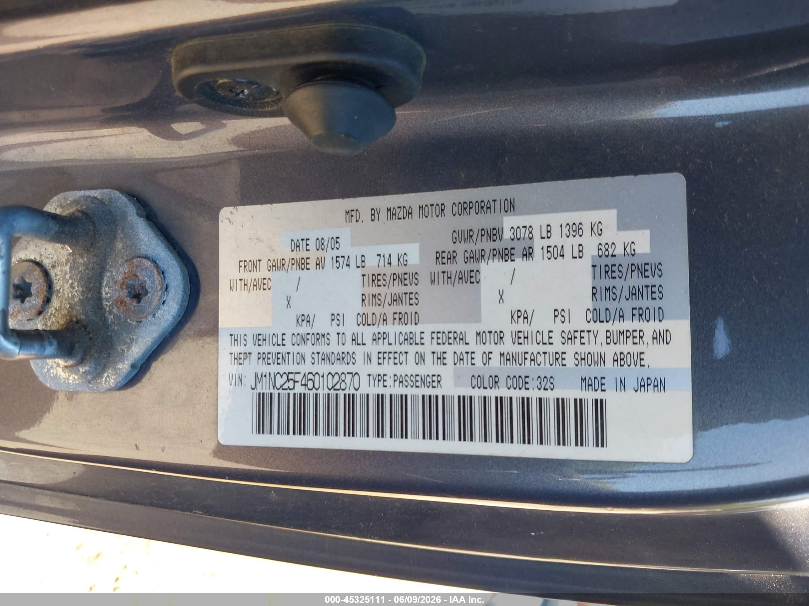 2006 Mazda Mx-5 Miata Touring Gray vin: JM1NC25F460102870
