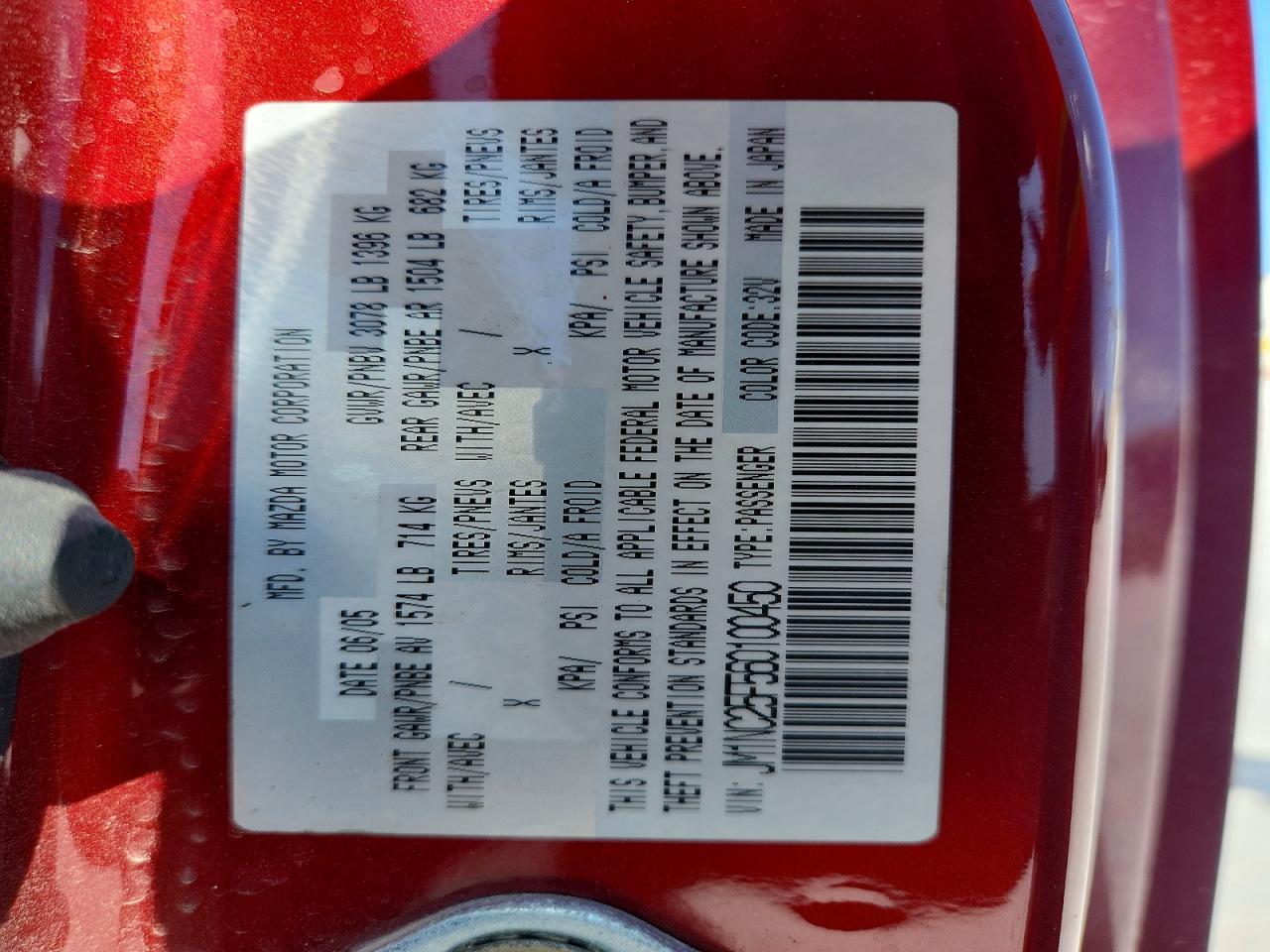 2006 Mazda Mx-5 Miata Red vin: JM1NC25F560100450
