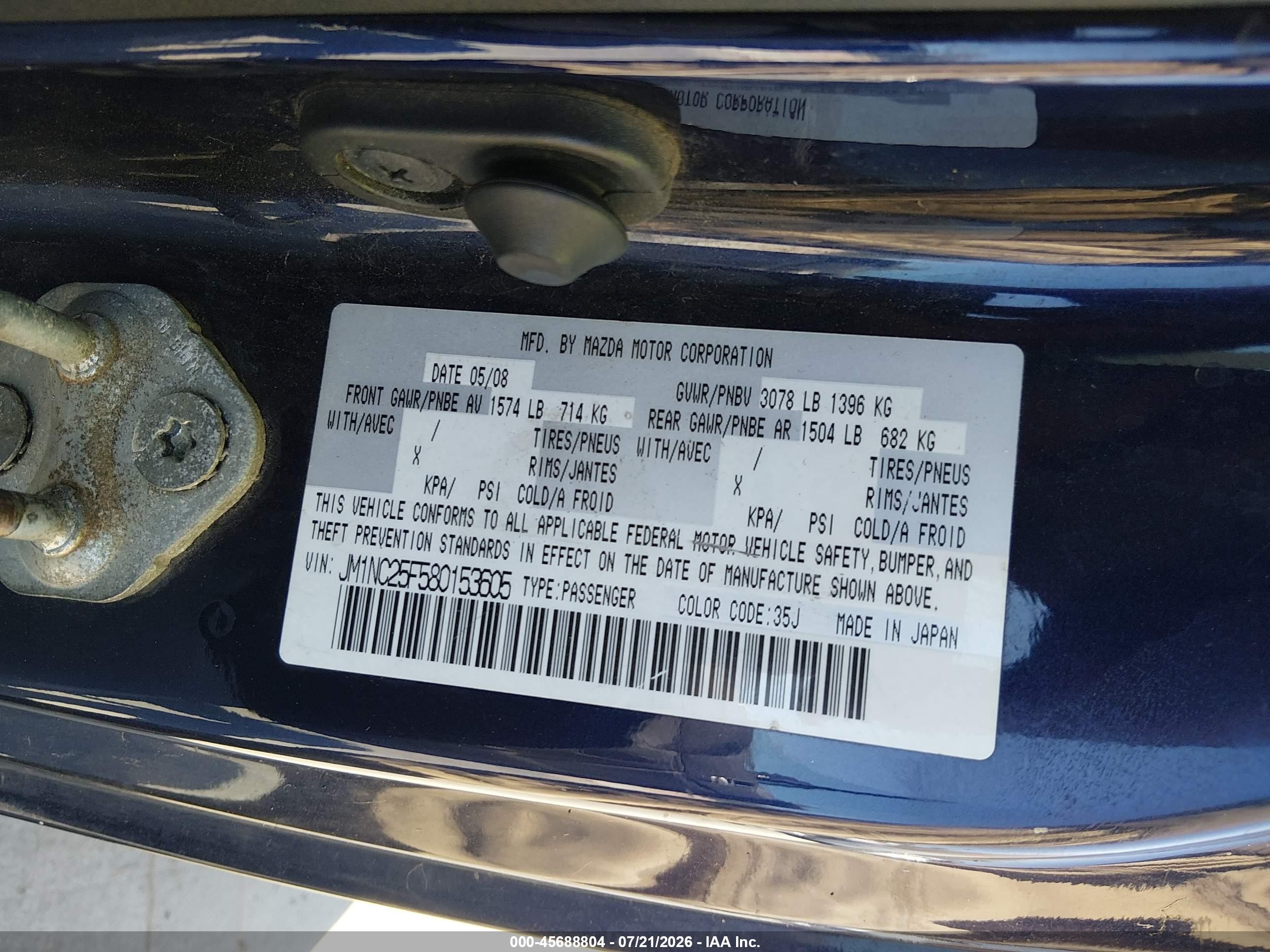 2008 Mazda Mx-5 Miata   Blue vin: JM1NC25F580153605
