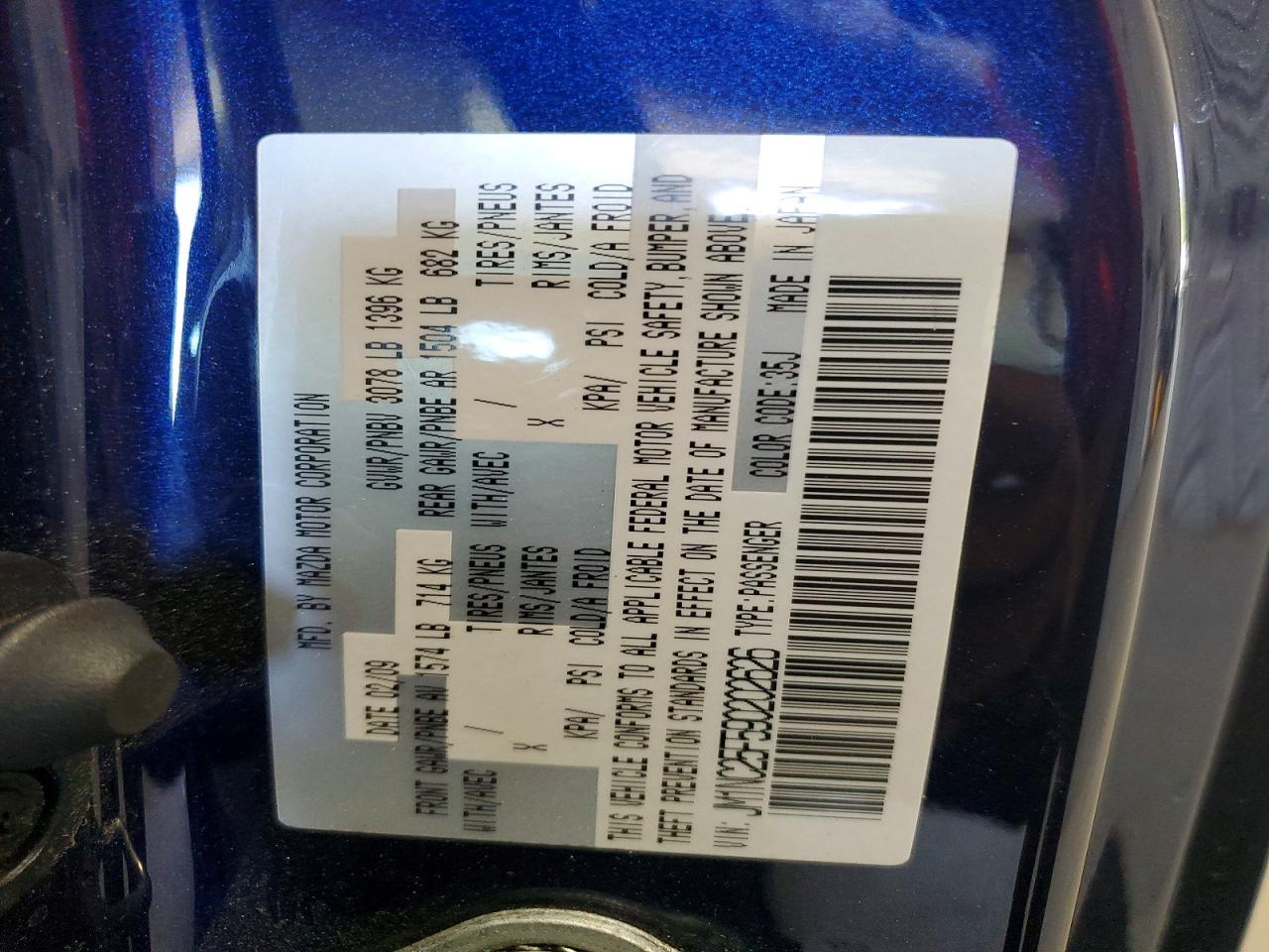 2009 Mazda Mx-5 Miata Blue vin: JM1NC25F590202626