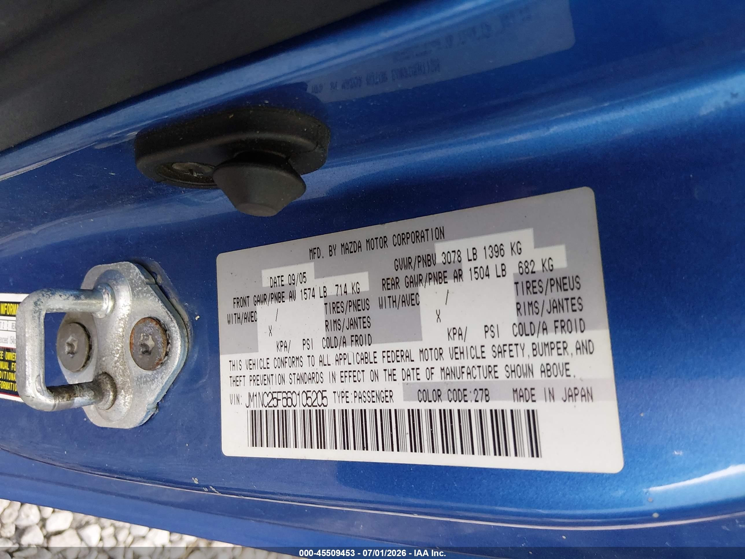 2006 Mazda Mx-5 Sport Blue vin: JM1NC25F660105205