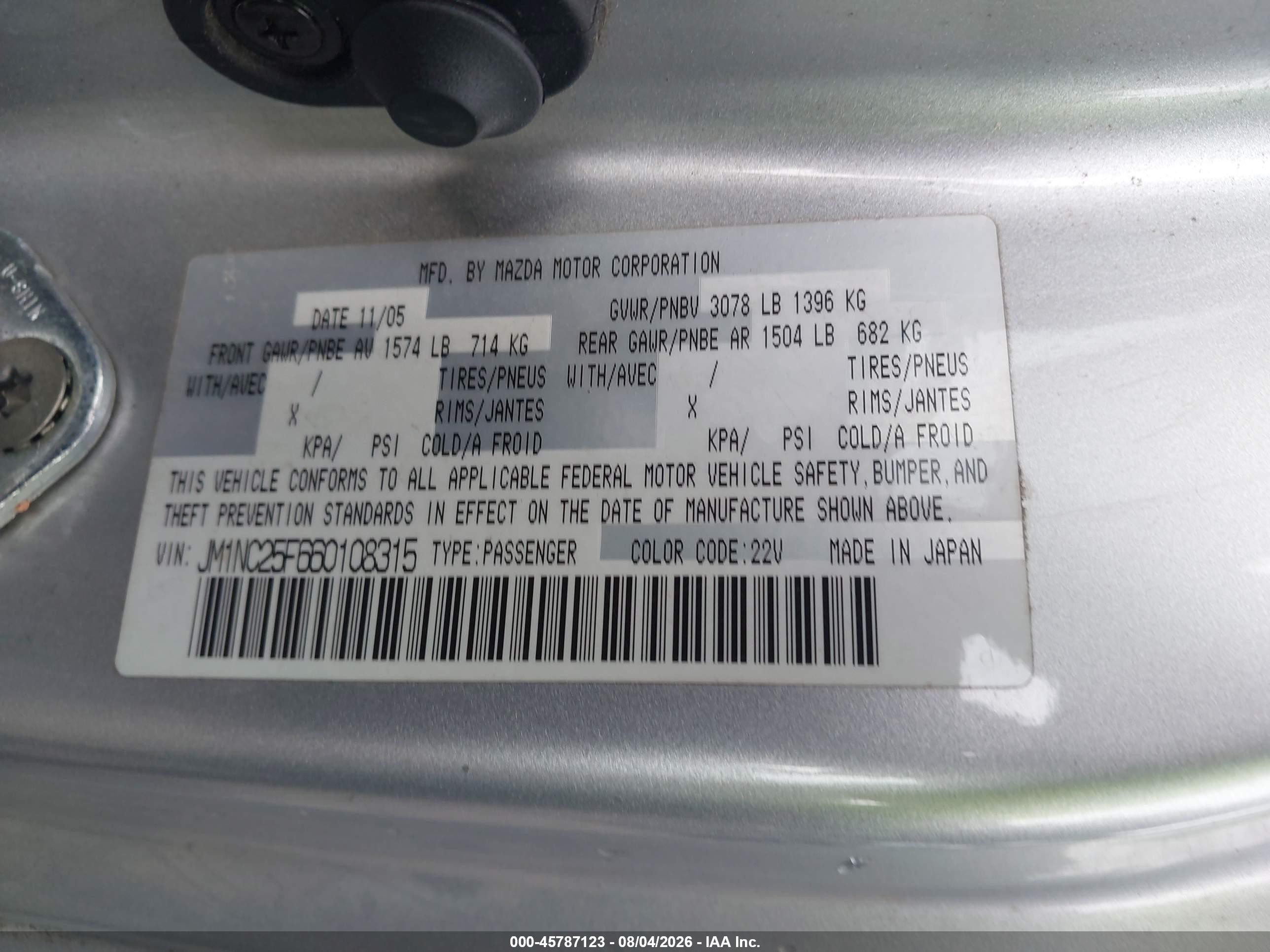 2006 Mazda Mx-5 Touring Gray vin: JM1NC25F660108315