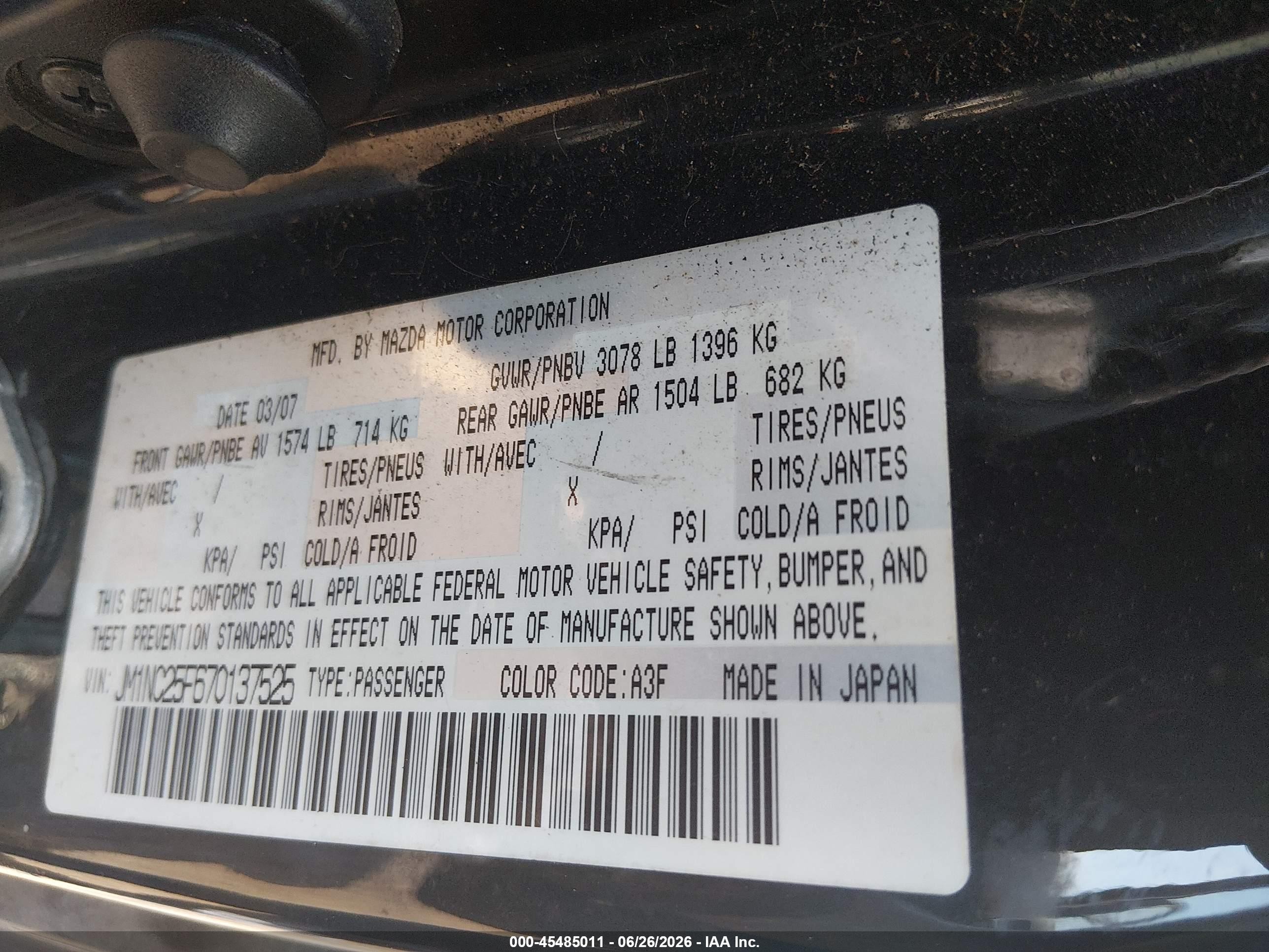 2007 Mazda Mx-5 Sport Черный vin: JM1NC25F670137525