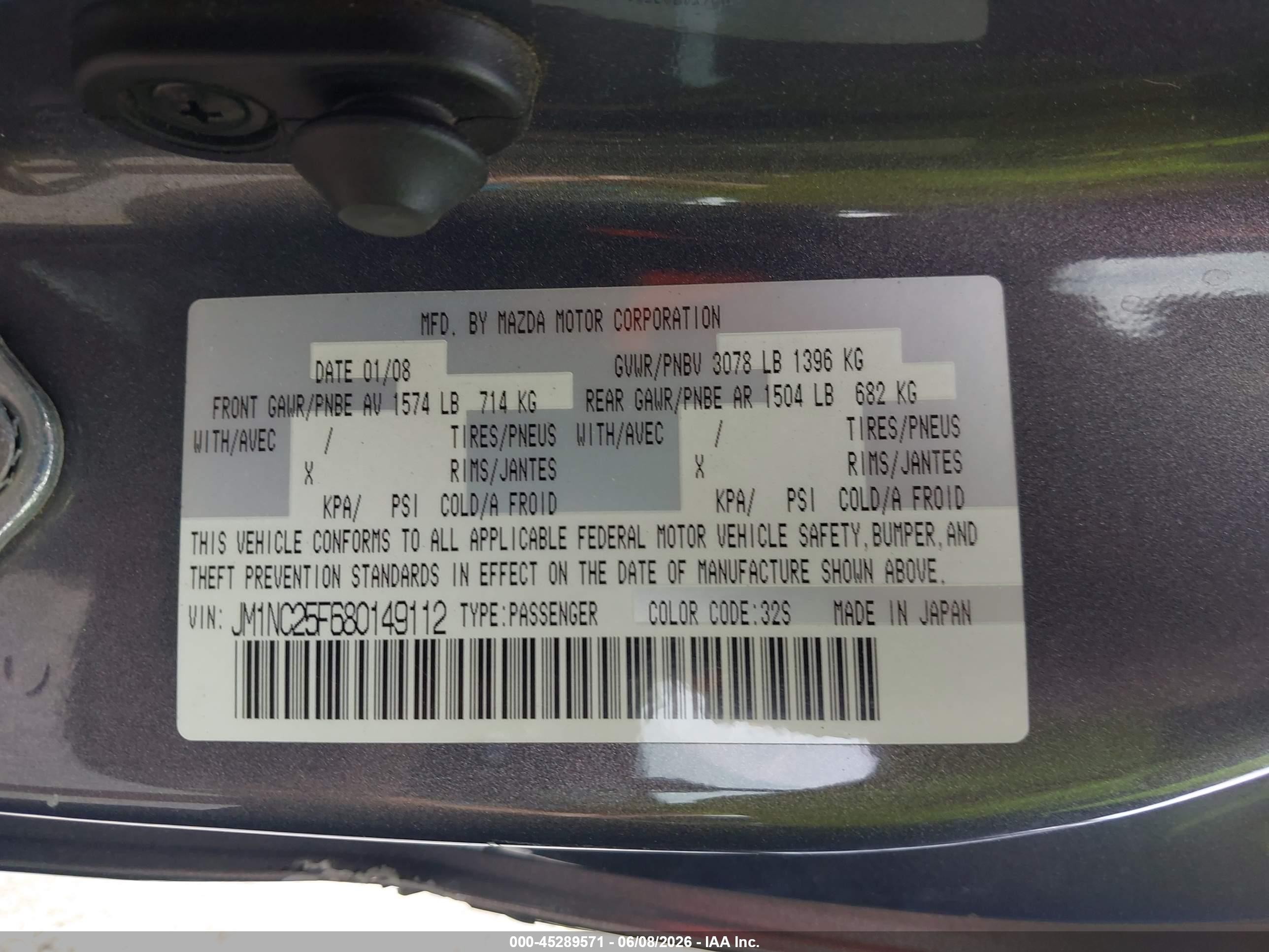 2008 Mazda Mx-5 Sport Gray vin: JM1NC25F680149112