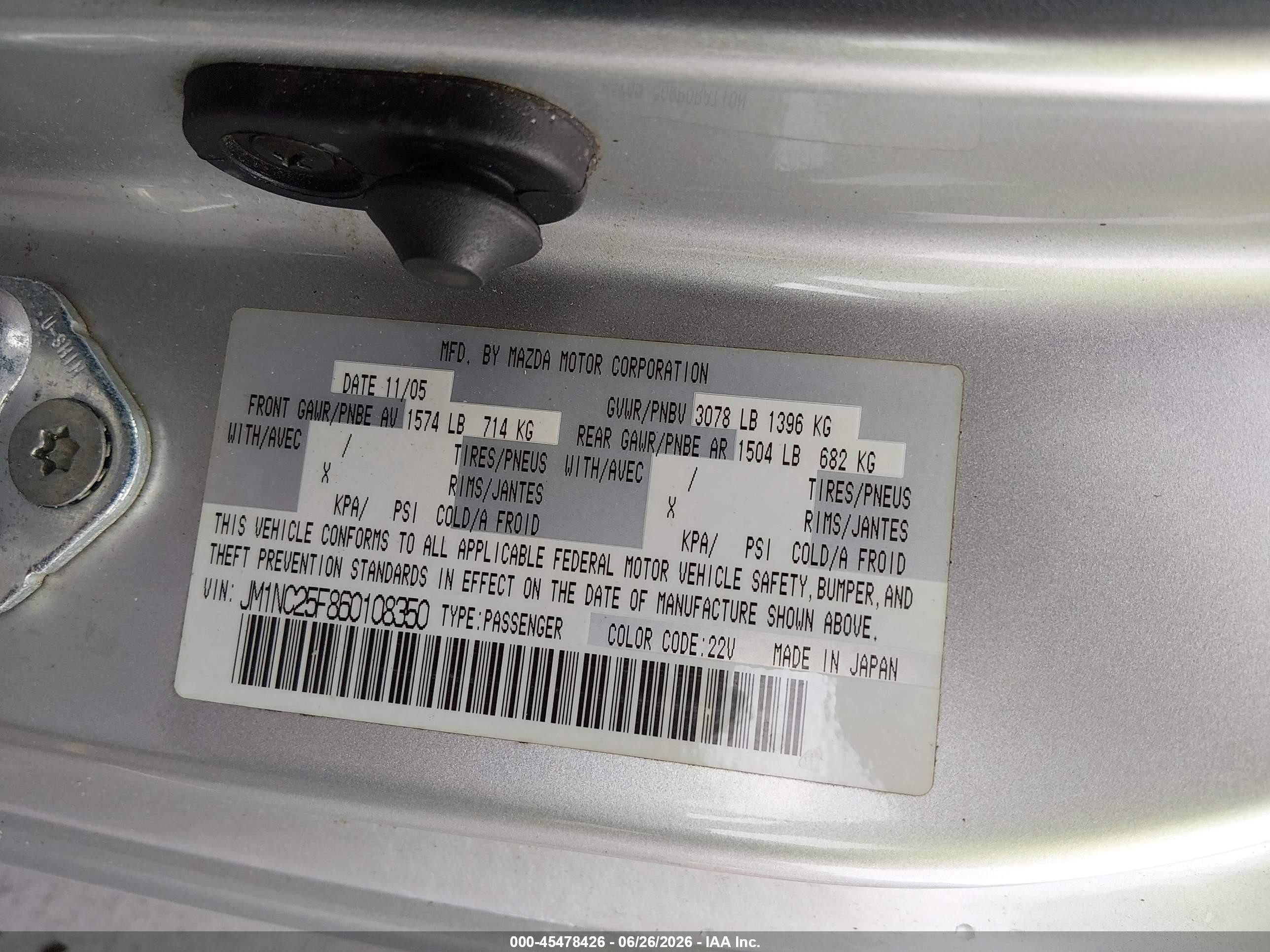 2006 Mazda Mx-5 Touring Silver vin: JM1NC25F860108350