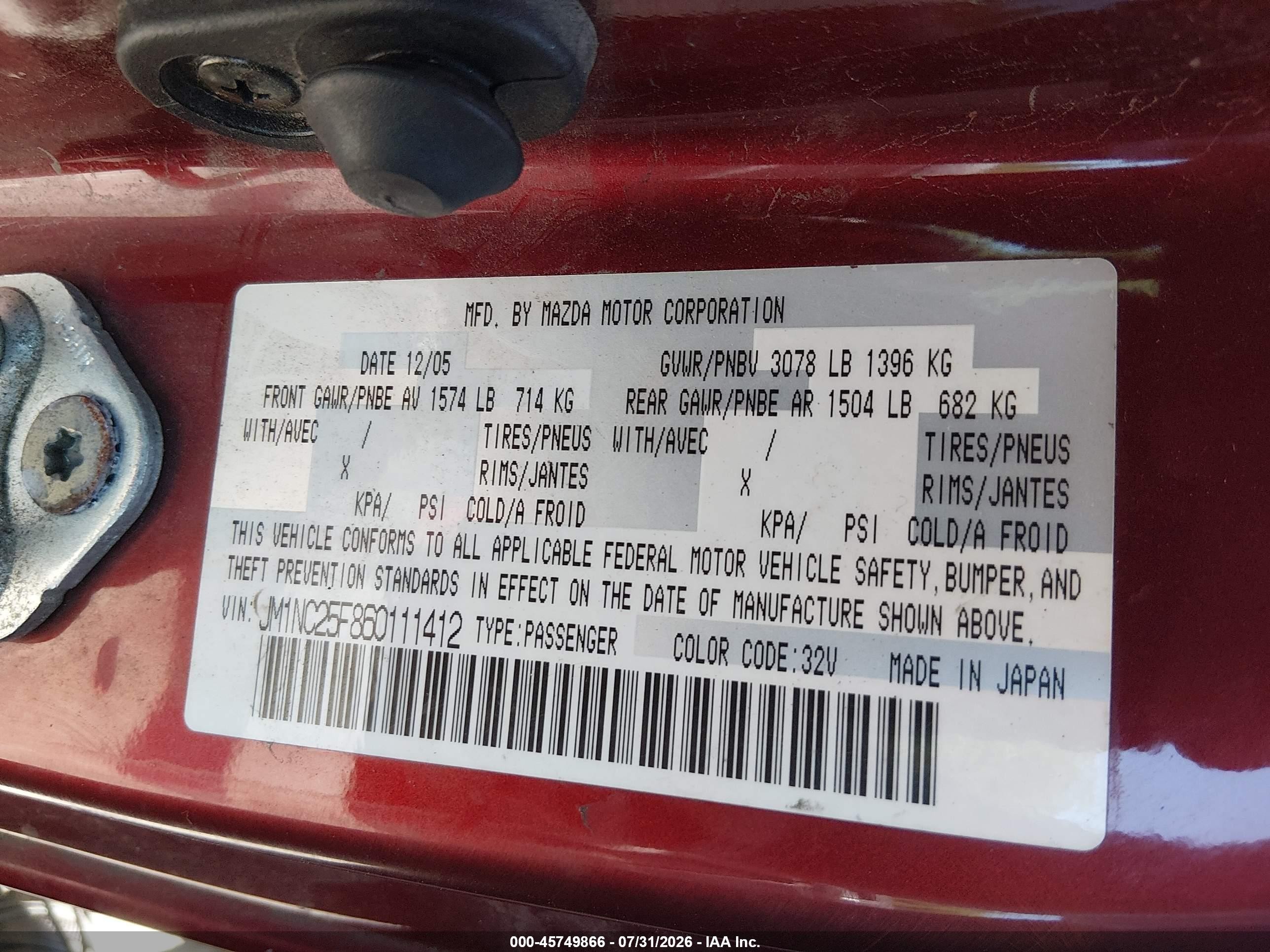 2006 Mazda Mx-5 Touring Maroon vin: JM1NC25F860111412