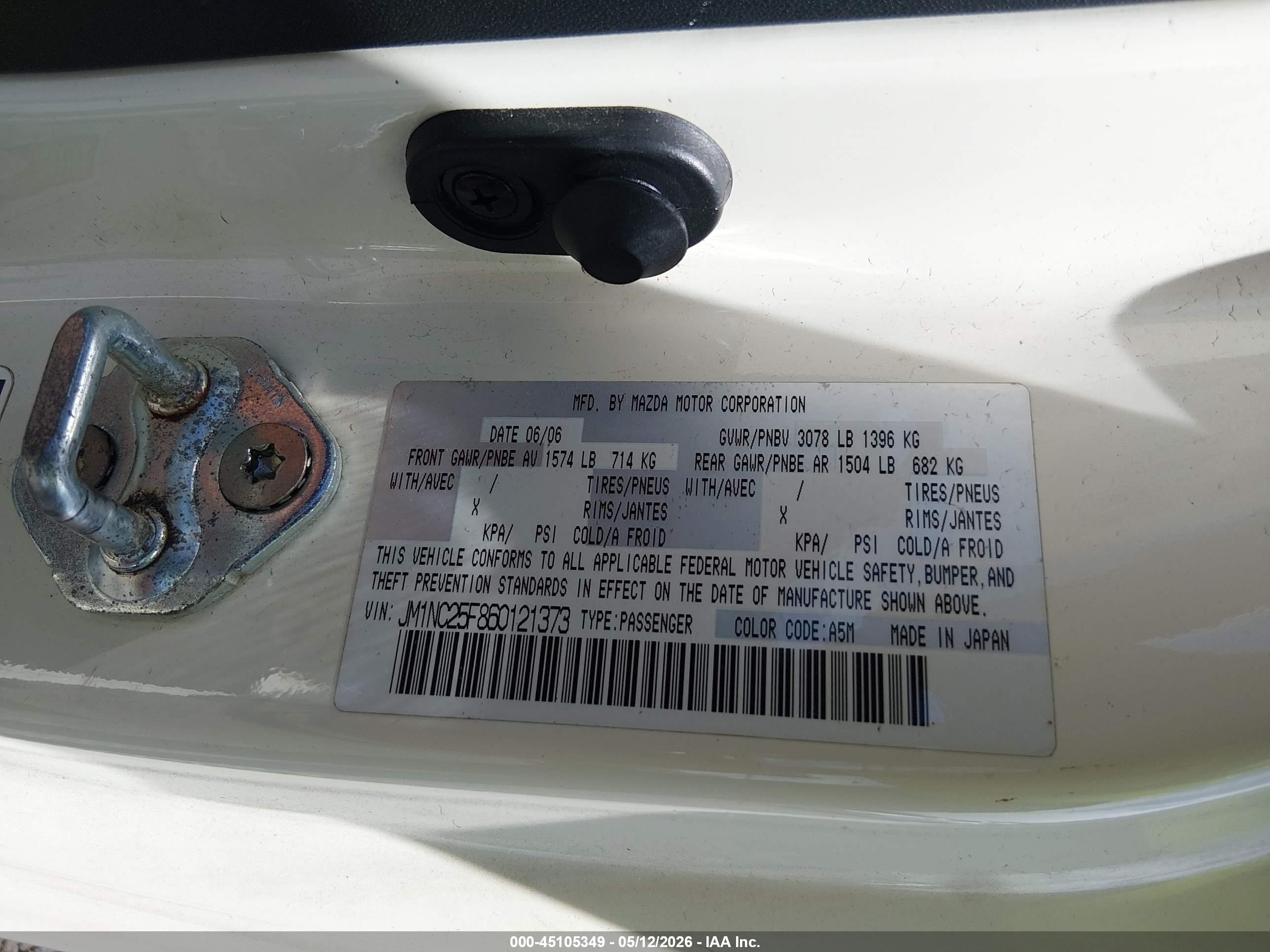 2006 Mazda Mx-5 Grand Touring Белый vin: JM1NC25F860121373