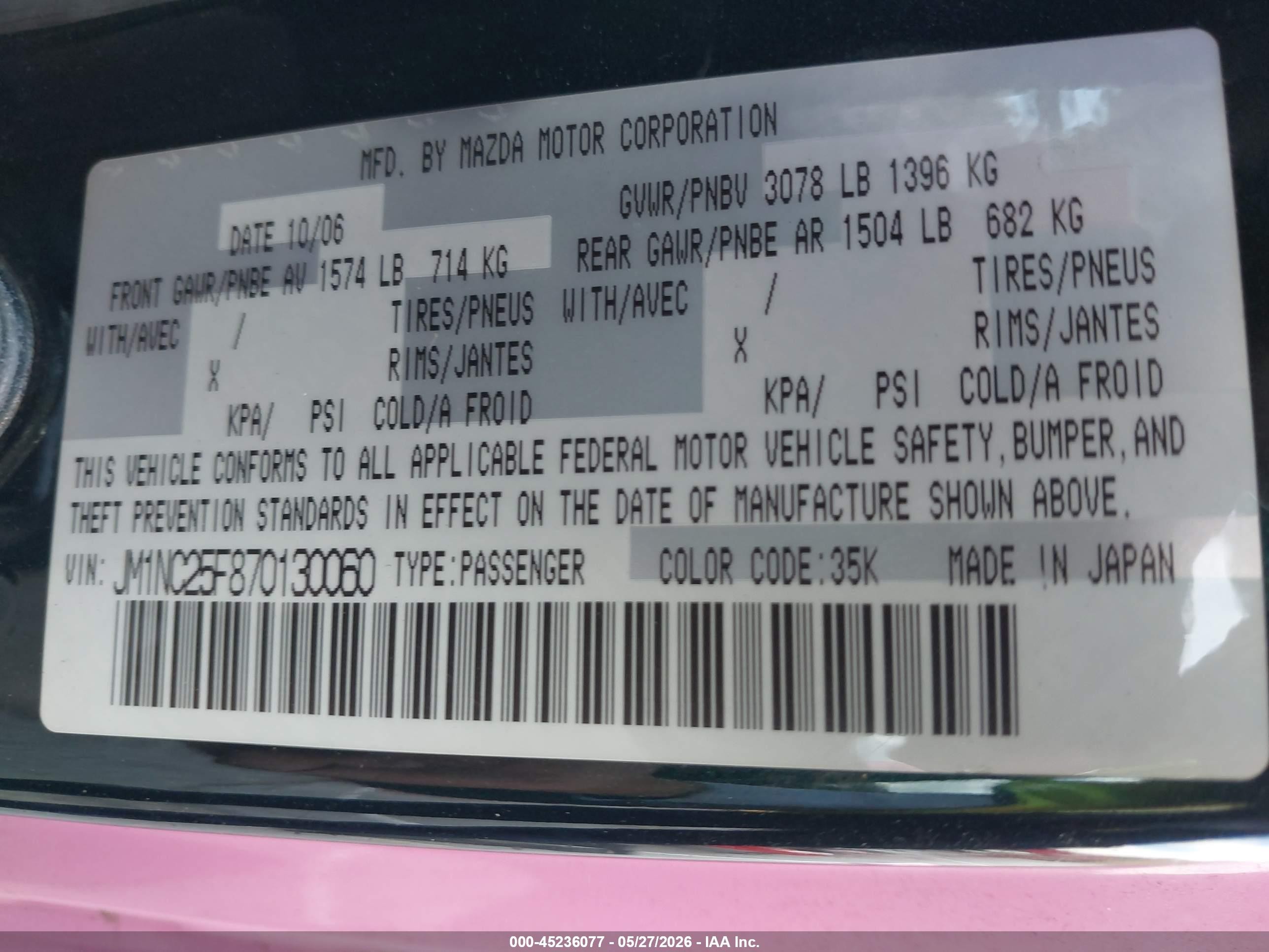2007 Mazda Mx-5 Miata   Pink vin: JM1NC25F870130060