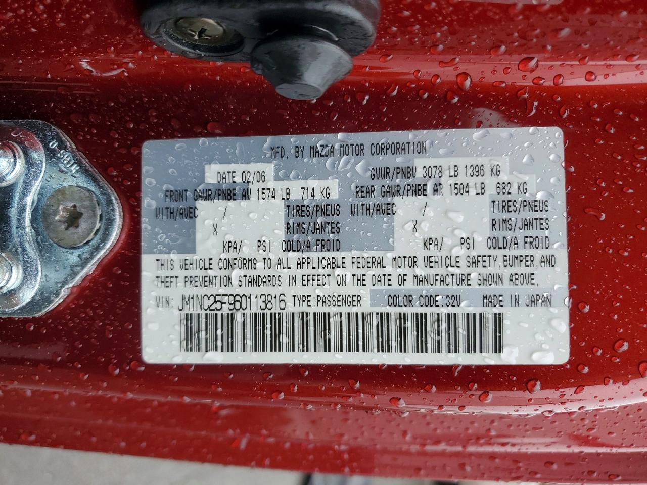 2006 Mazda Mx-5 Miata Red vin: JM1NC25F960113816