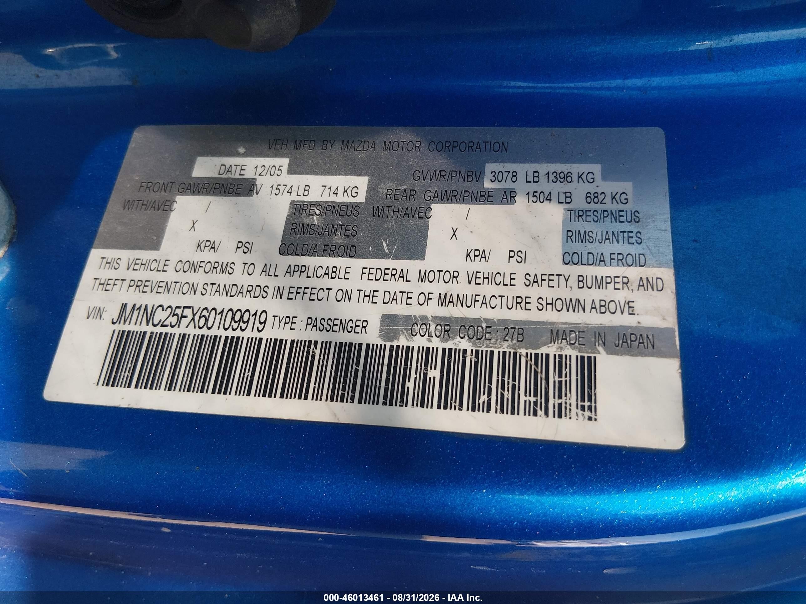 2006 Mazda Mx-5 Touring Blue vin: JM1NC25FX60109919