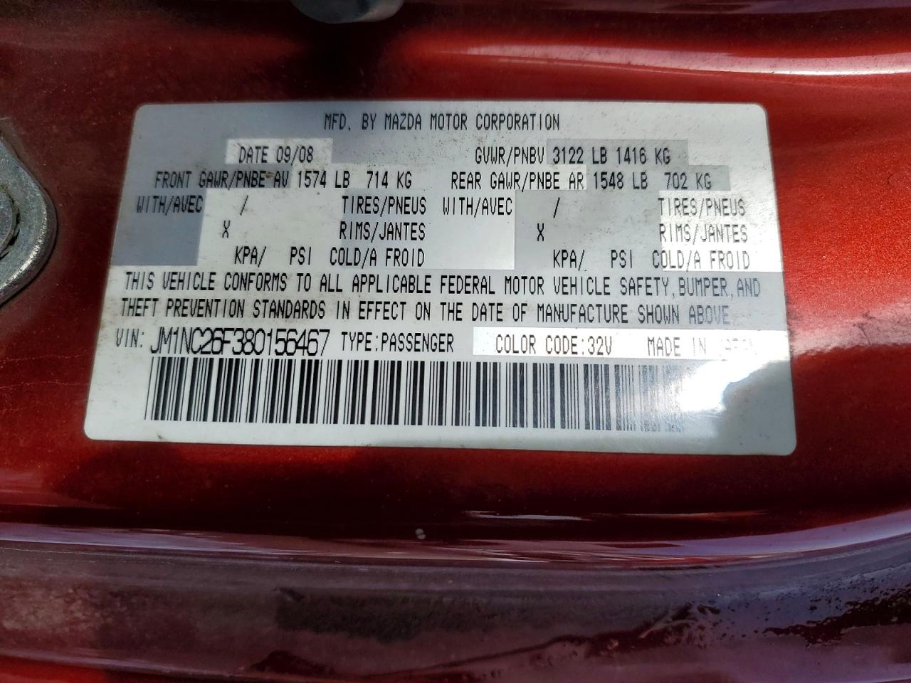 2008 Mazda Mx-5 Miata Burgundy vin: JM1NC26F380156467