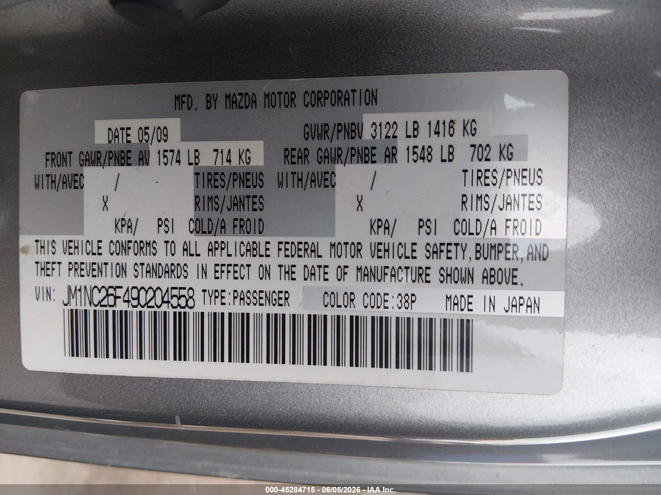 2009 Mazda Mx-5 Miata Grand Touring Silver vin: JM1NC26F490204558