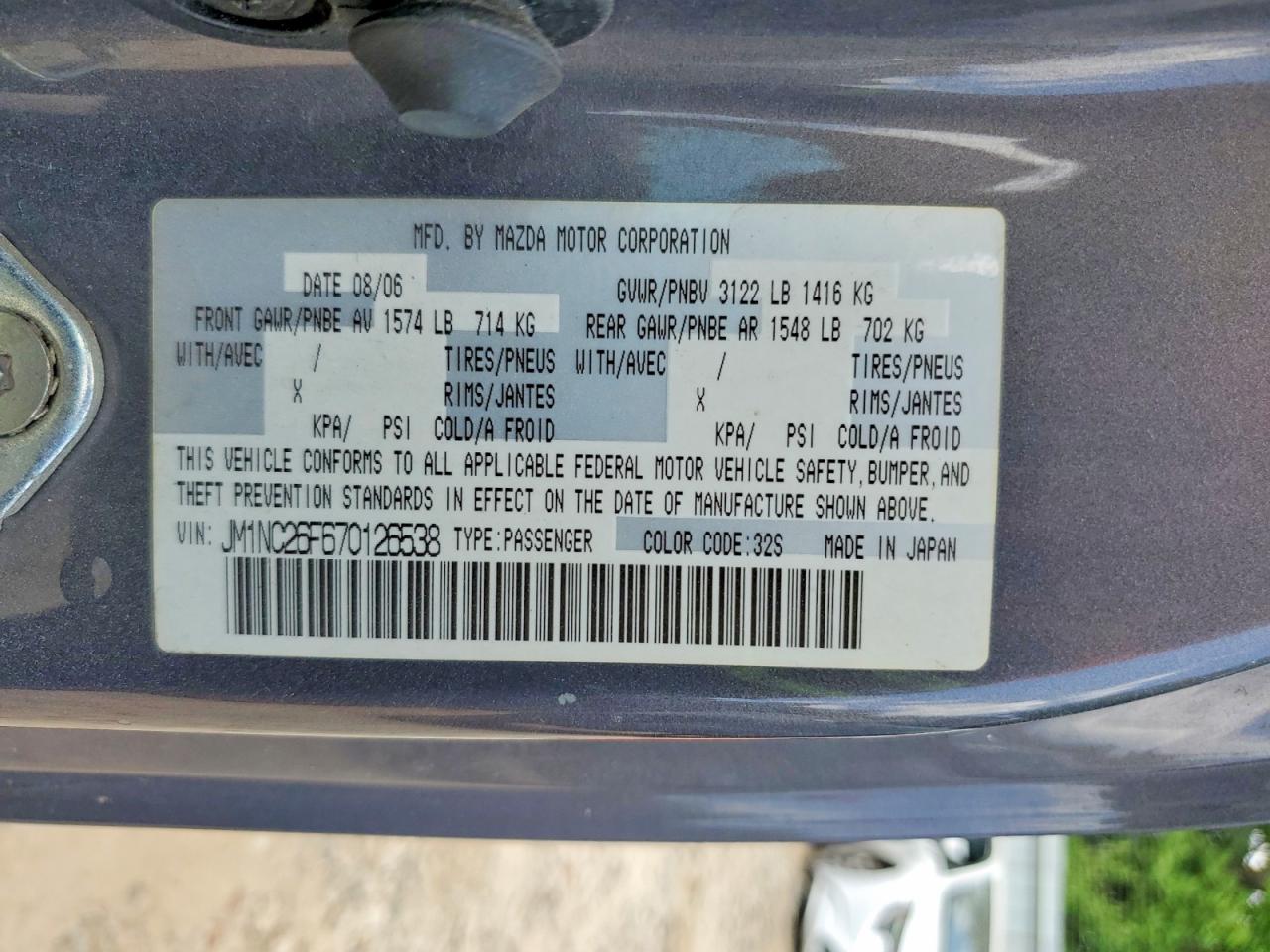 2007 Mazda Mx-5 Miata Gray vin: JM1NC26F670126538