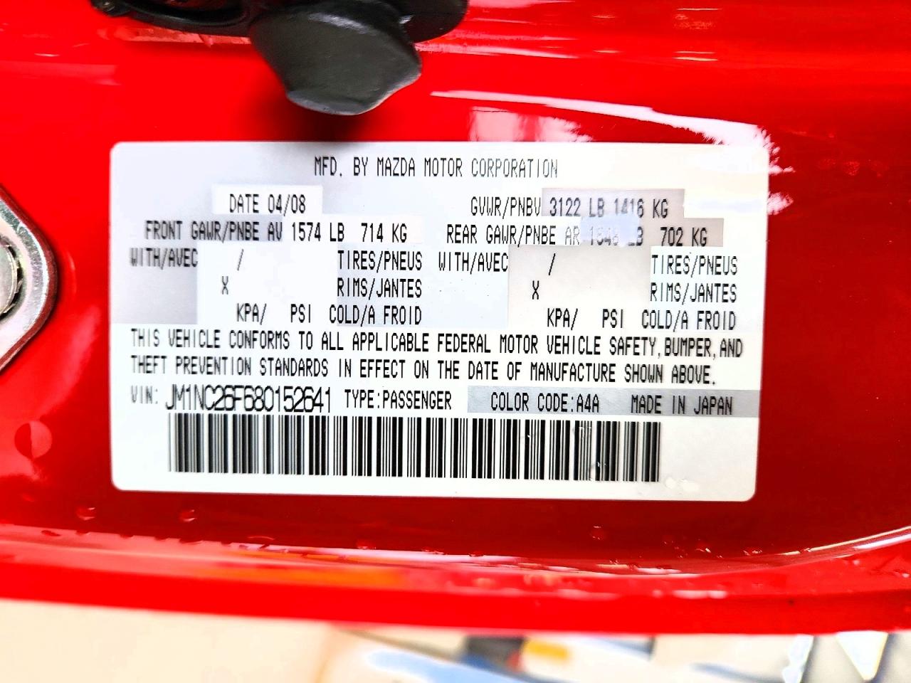 2008 Mazda Mx-5 Miata Red vin: JM1NC26F680152641