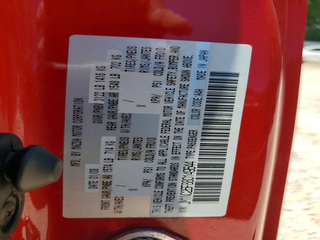 2008 Mazda Mx-5 Miata Red vin: JM1NC26F880149644