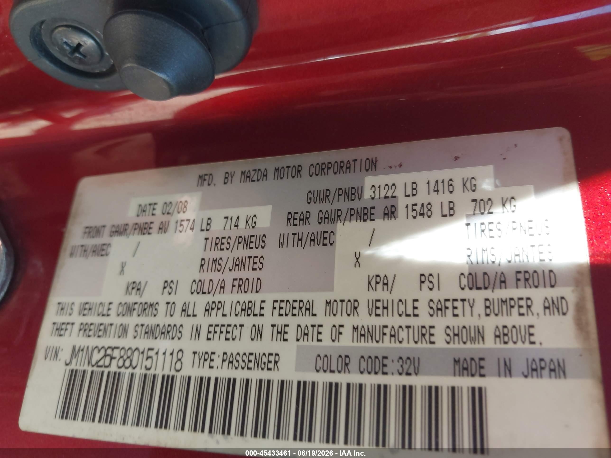 2008 Mazda Mx-5 Grand Touring Red vin: JM1NC26F880151118
