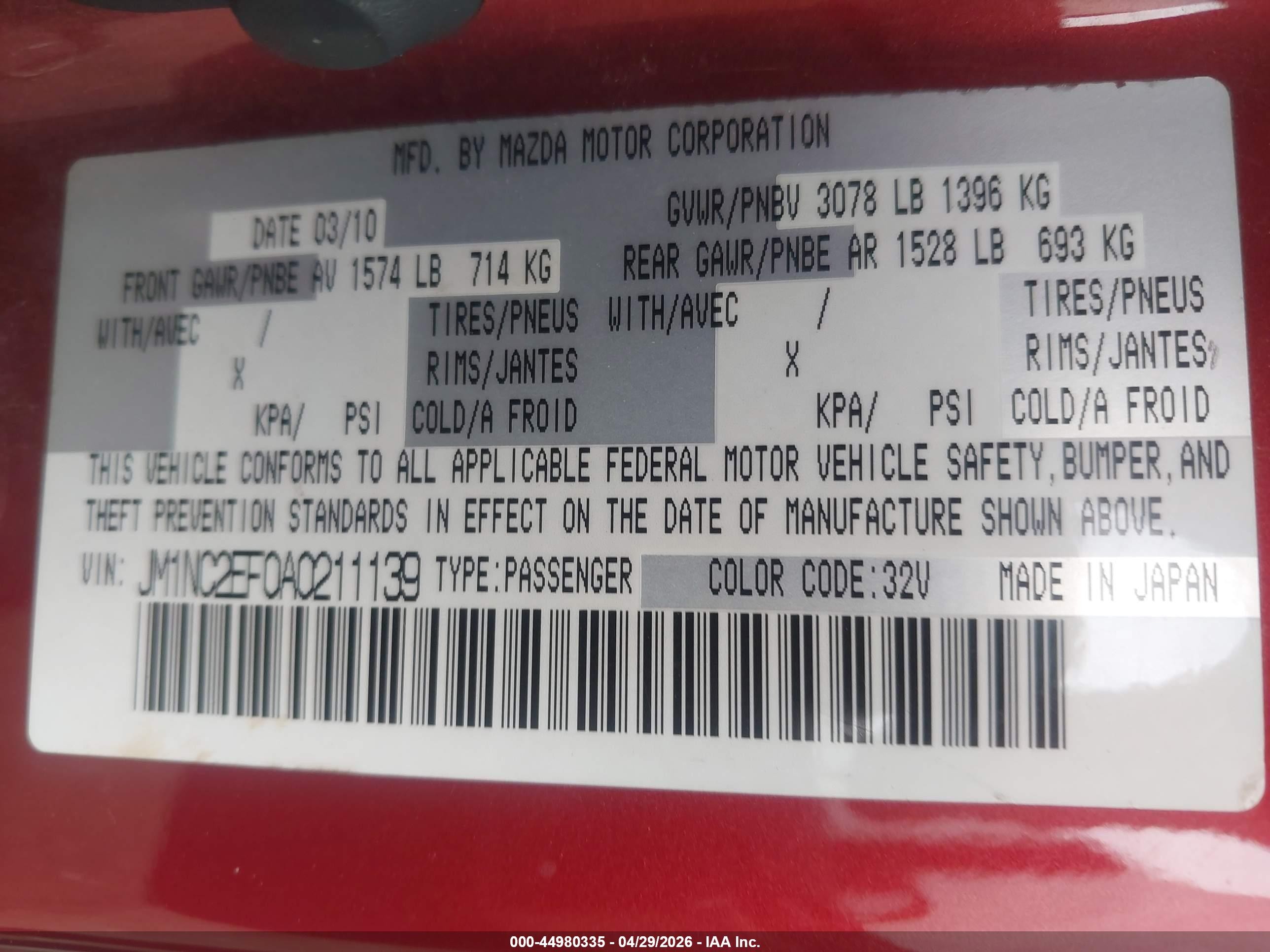 2010 Mazda Mx-5 Miata Grand Touring Red vin: JM1NC2EF0A0211139