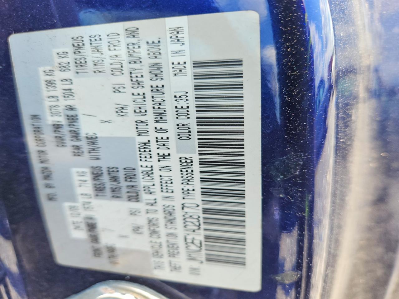 2010 Mazda Mx-5 Miata Blue vin: JM1NC2EF1A0208170
