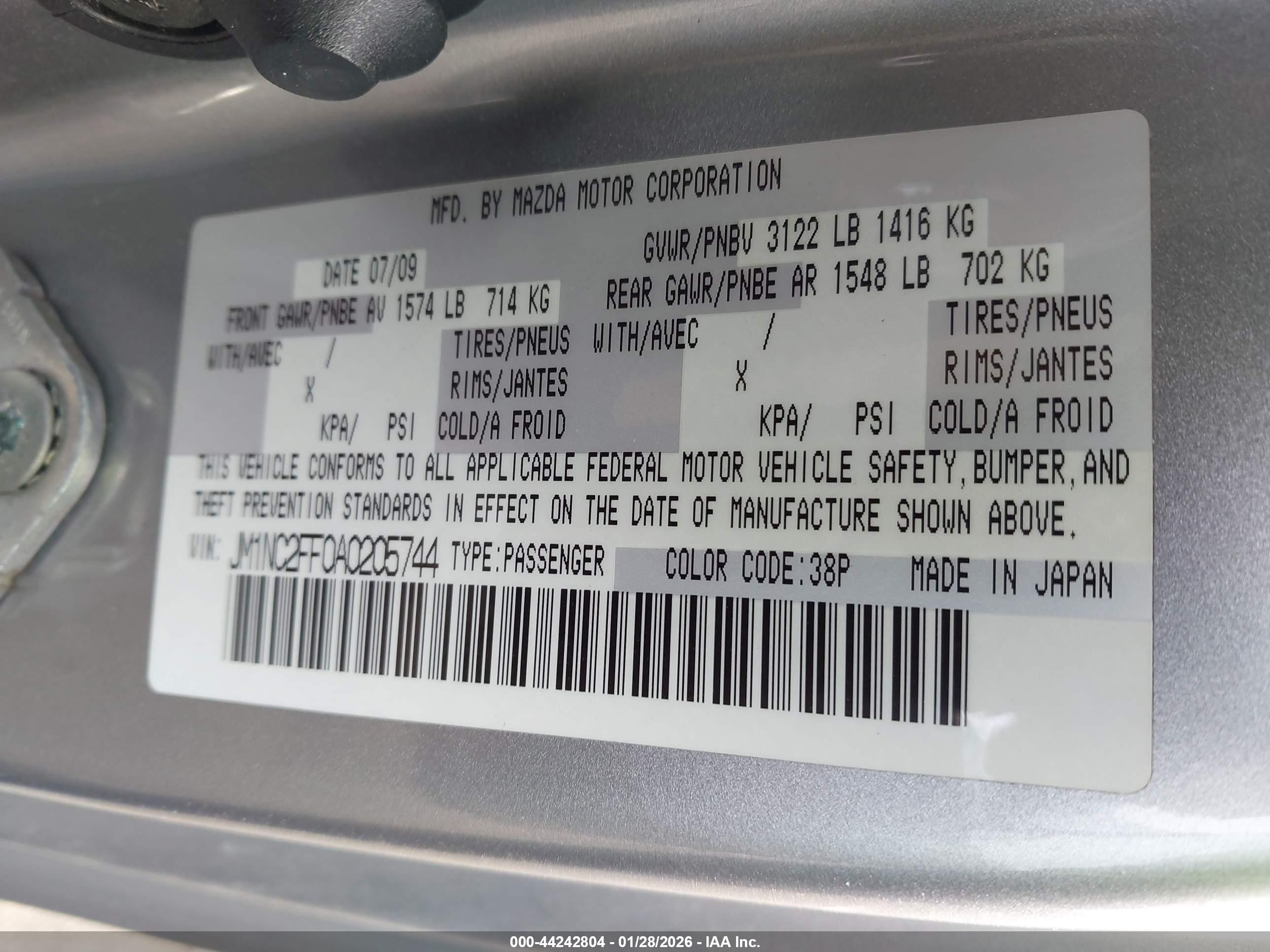 2010 Mazda Mx-5 Miata Touring Silver vin: JM1NC2FF0A0205744