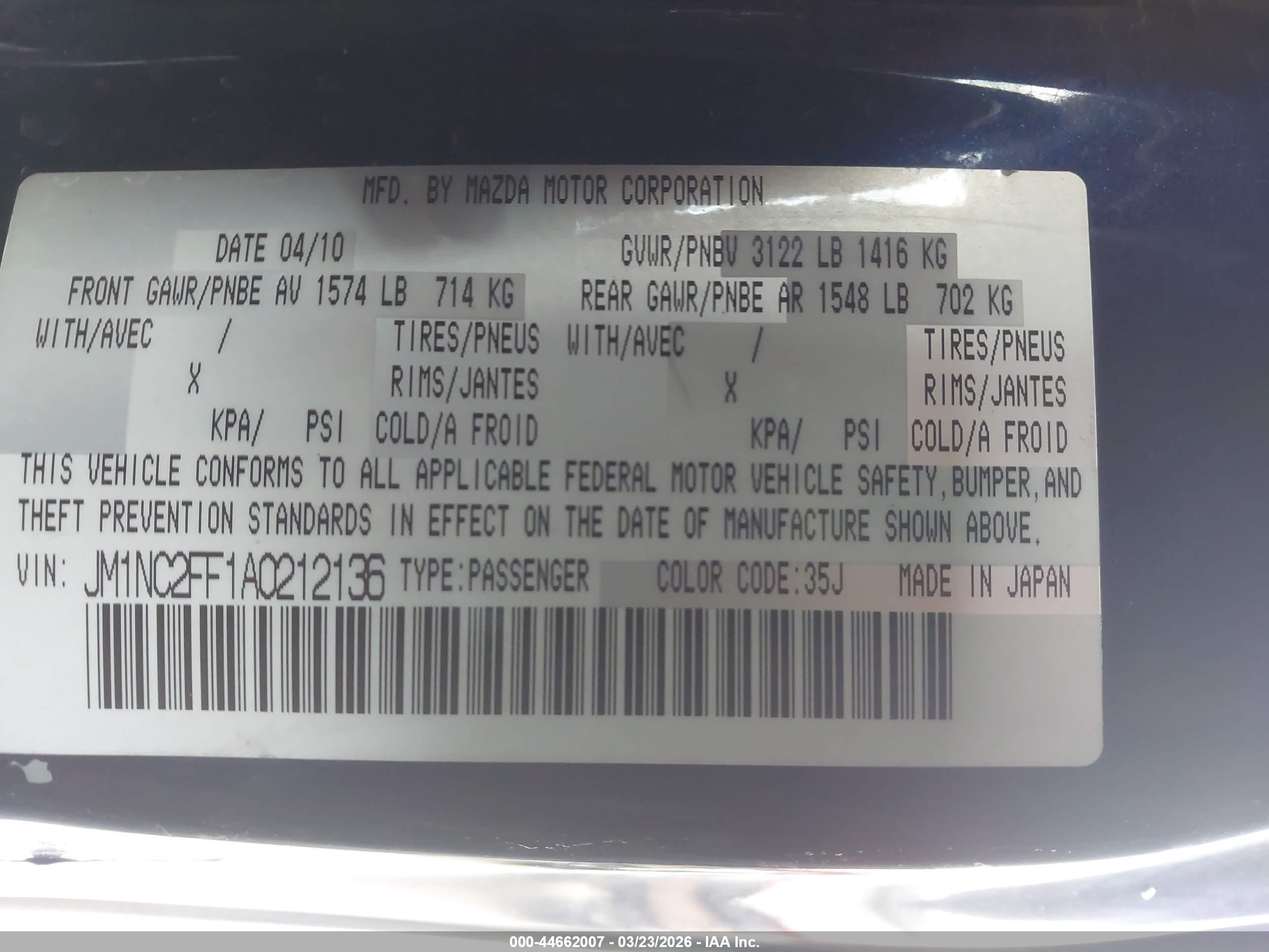 2010 Mazda Mx-5 Miata Touring Blue vin: JM1NC2FF1A0212136