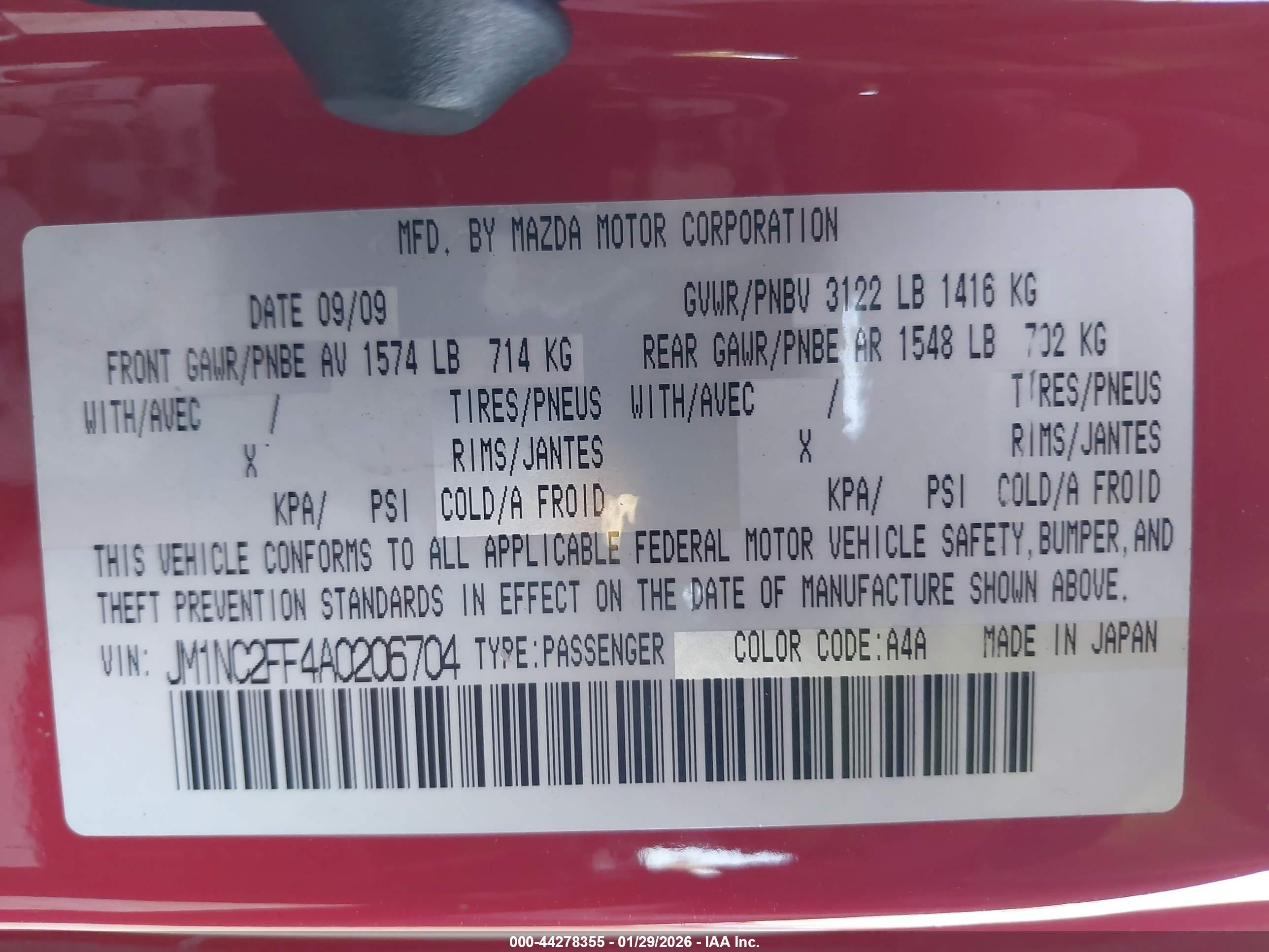 2010 Mazda Mx-5 Miata Touring Red vin: JM1NC2FF4A0206704