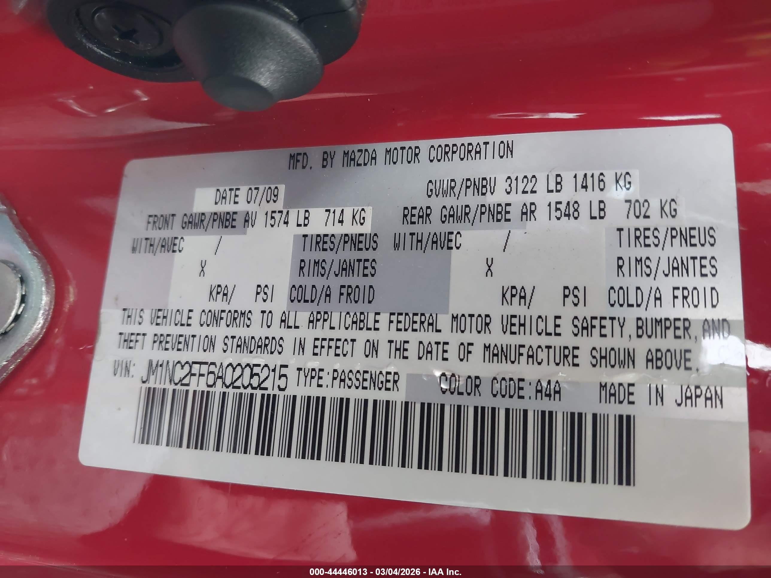 2010 Mazda Mx-5 Miata Grand Touring Red vin: JM1NC2FF6A0205215