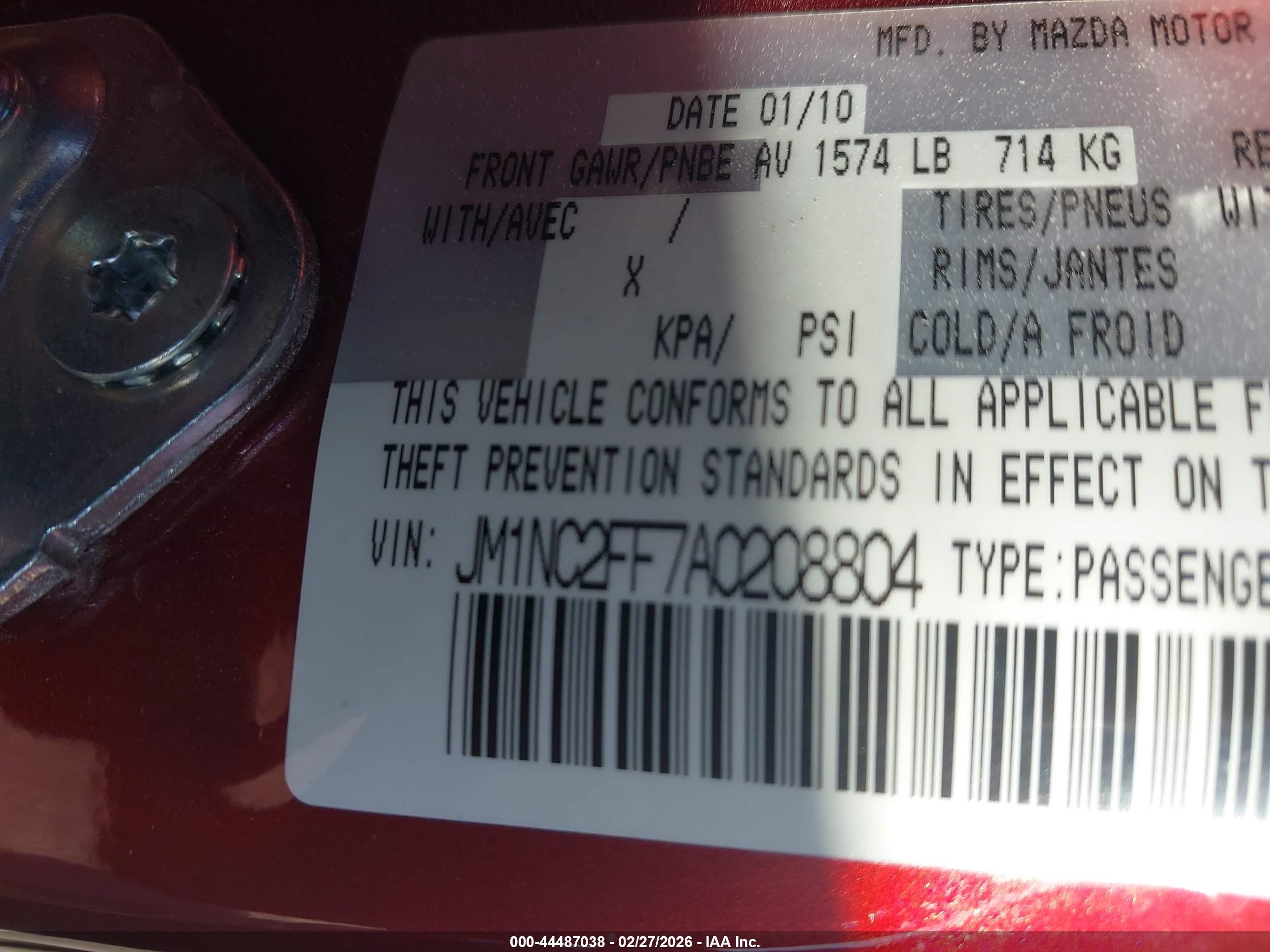 2010 Mazda Mx-5 Miata Grand Touring Red vin: JM1NC2FF7A0208804