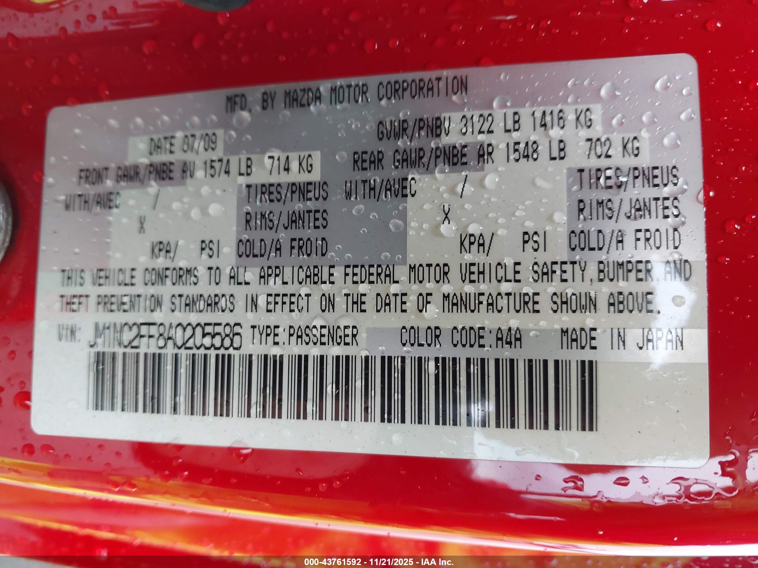 2010 Mazda Mx-5 Miata Grand Touring Red vin: JM1NC2FF8A0205586