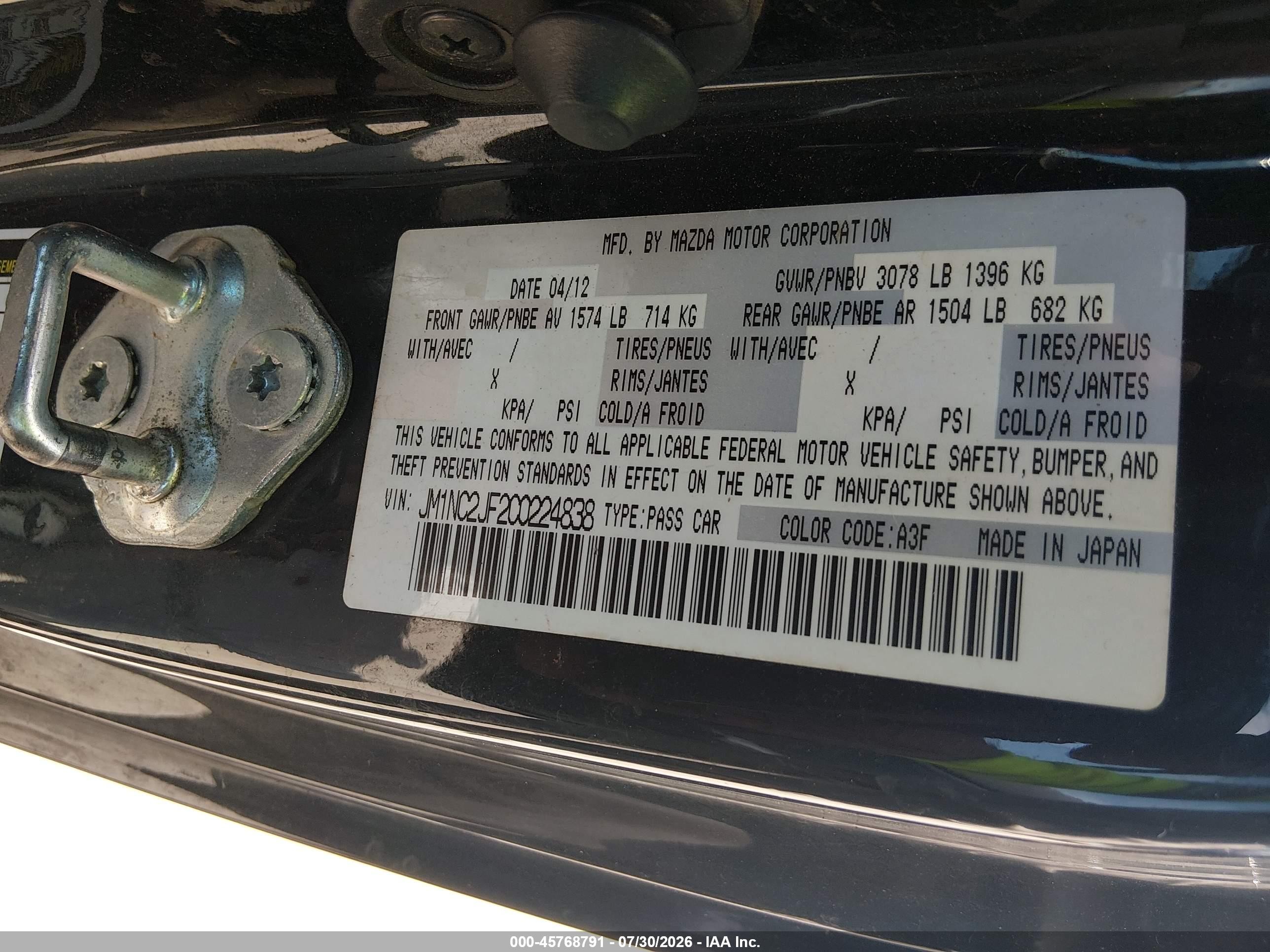 2012 Mazda Mx-5 Miata Sport Black vin: JM1NC2JF2C0224838